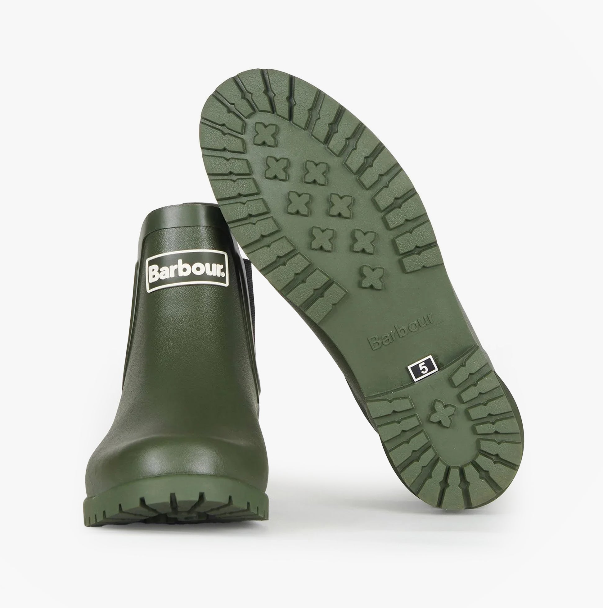Barbour WILTON Womens Chelsea Wellington Boots Olive bottom view with tread sole and logo