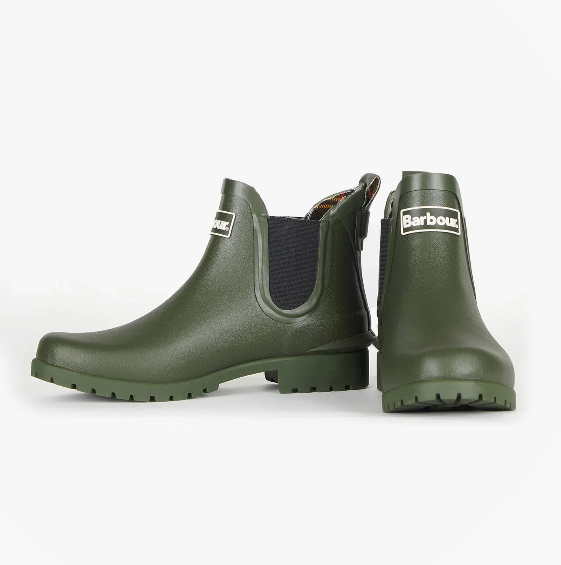 Barbour WILTON Womens Chelsea Wellington Boots Olive side view and angle front view on a white background, showcasing the pull-on style.