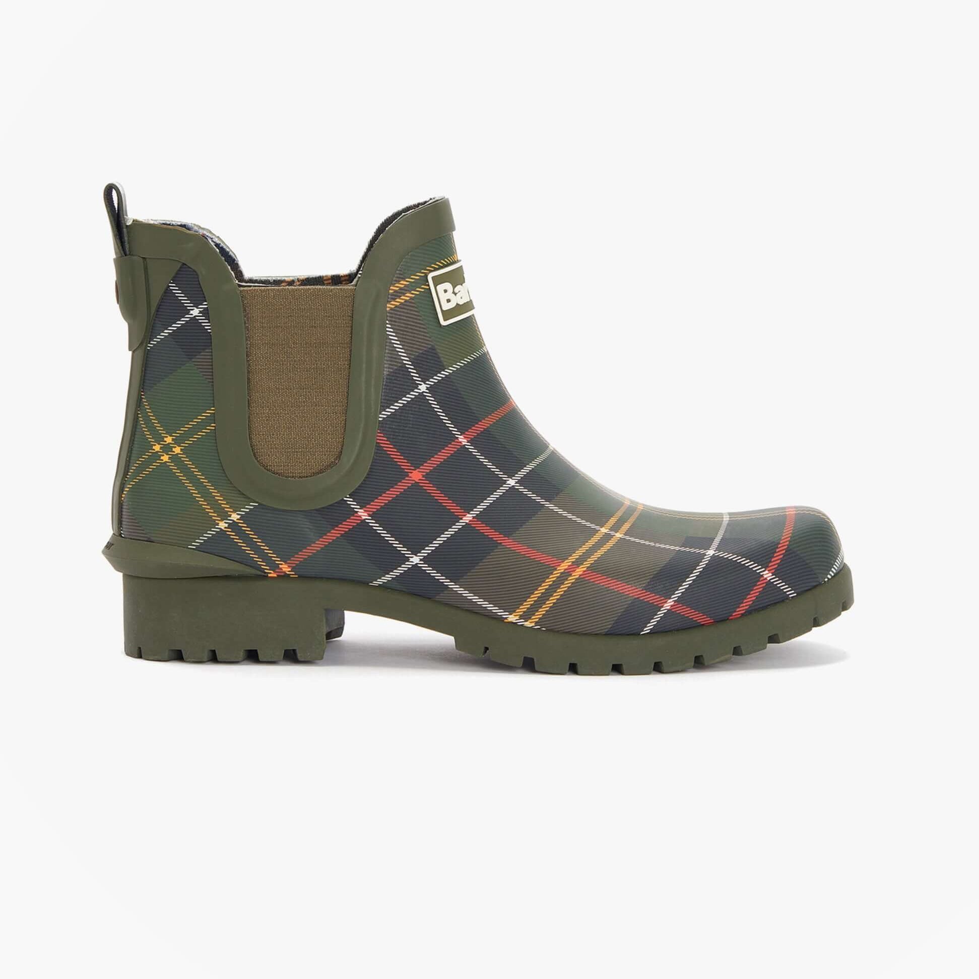 Barbour WILTON Womens Ankle Wellington Boots Classic Tartan side view featuring rubber upper and classic tartan pattern.