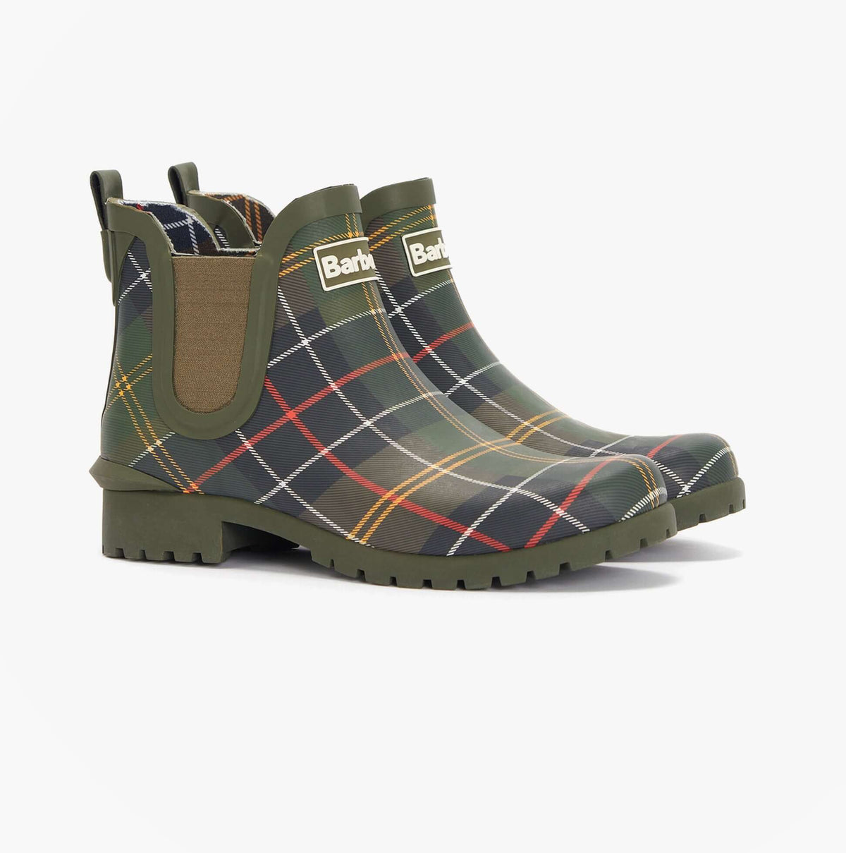 Barbour WILTON Womens Ankle Wellington Boots Classic Tartan side view showcasing rubber upper and round toe.