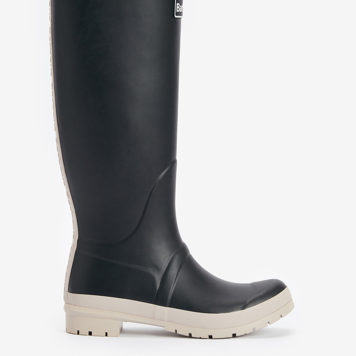 Barbour ABBEY Womens Tall Wellies Black/White Pepper side view of knee-high rubber boots