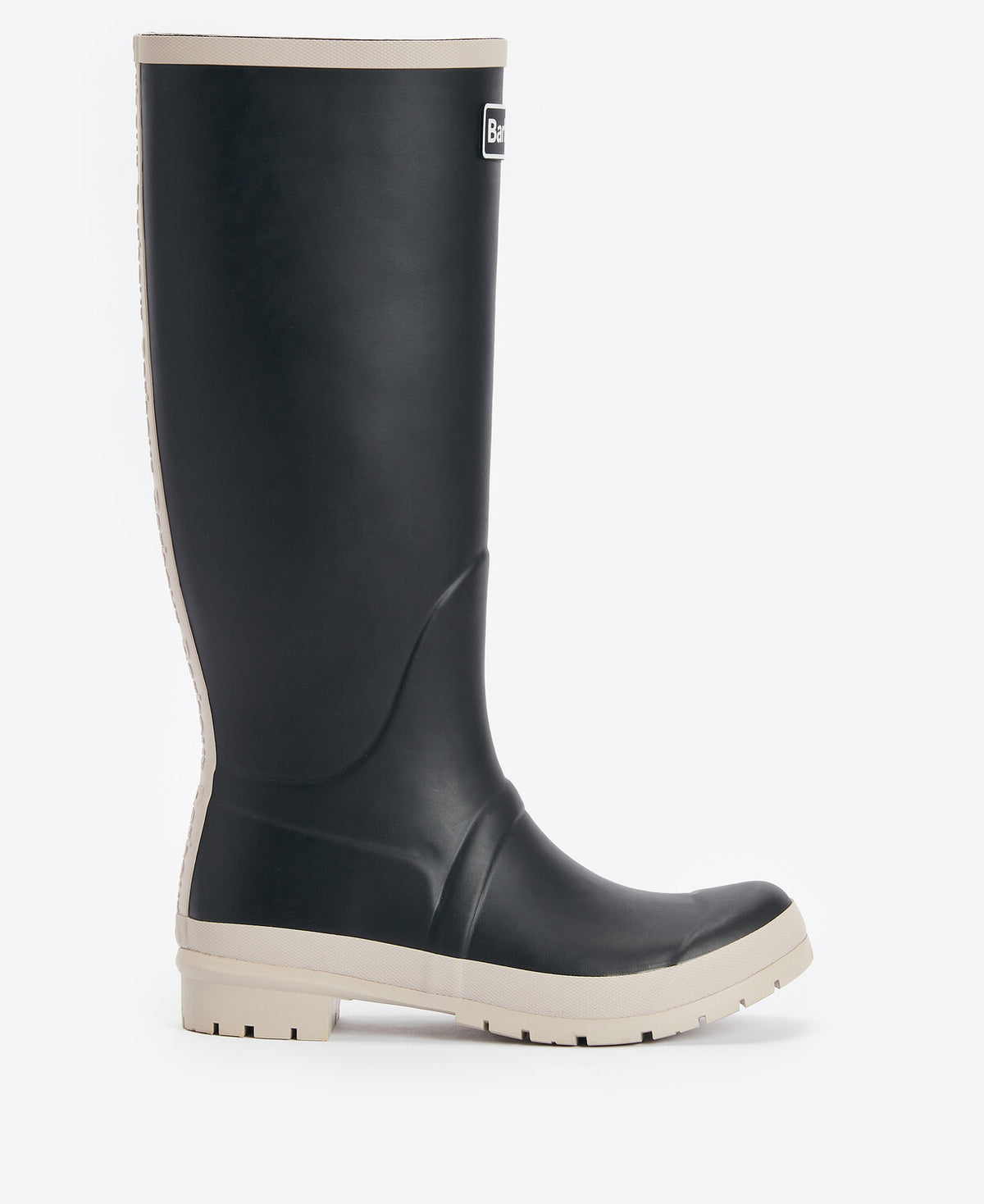 Barbour ABBEY Womens Tall Wellies Black/White Pepper side view of knee-high rubber boots