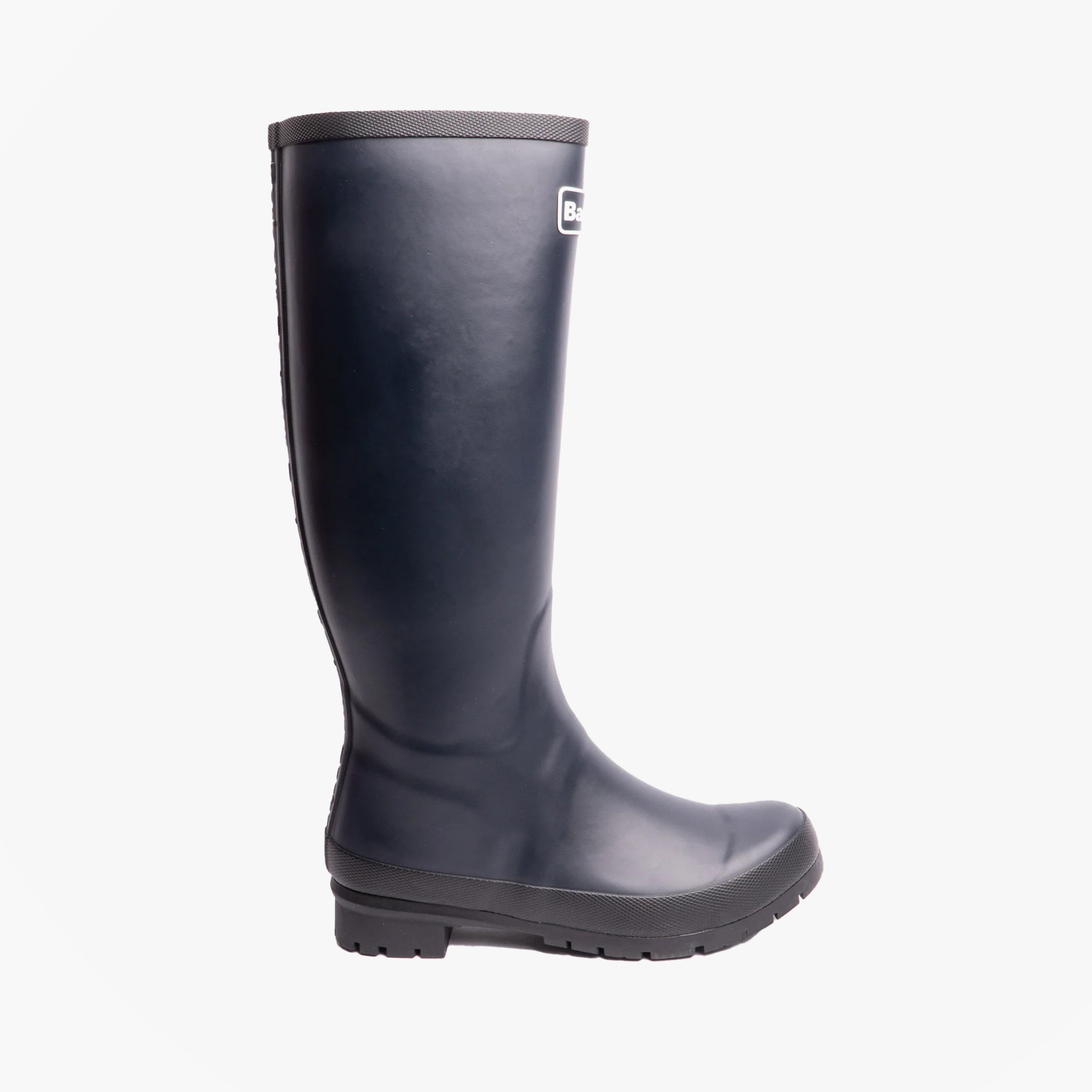 Barbour ABBEY Womens Wellington Boots Navy side view showing rubber upper, knee-high shaft, and flat sole design.