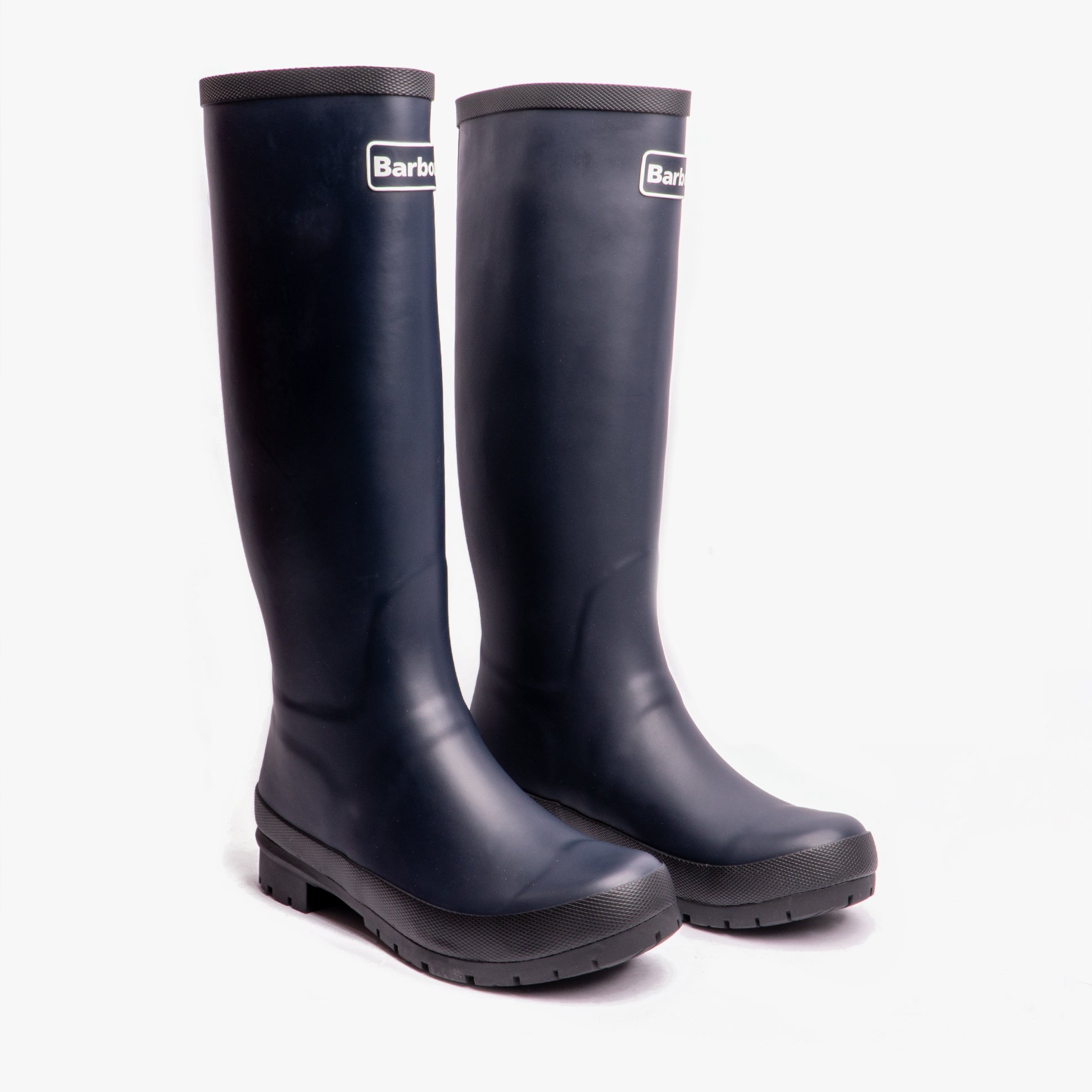 Barbour ABBEY Womens Wellington Boots Navy side view showing knee high design and rubber upper.
