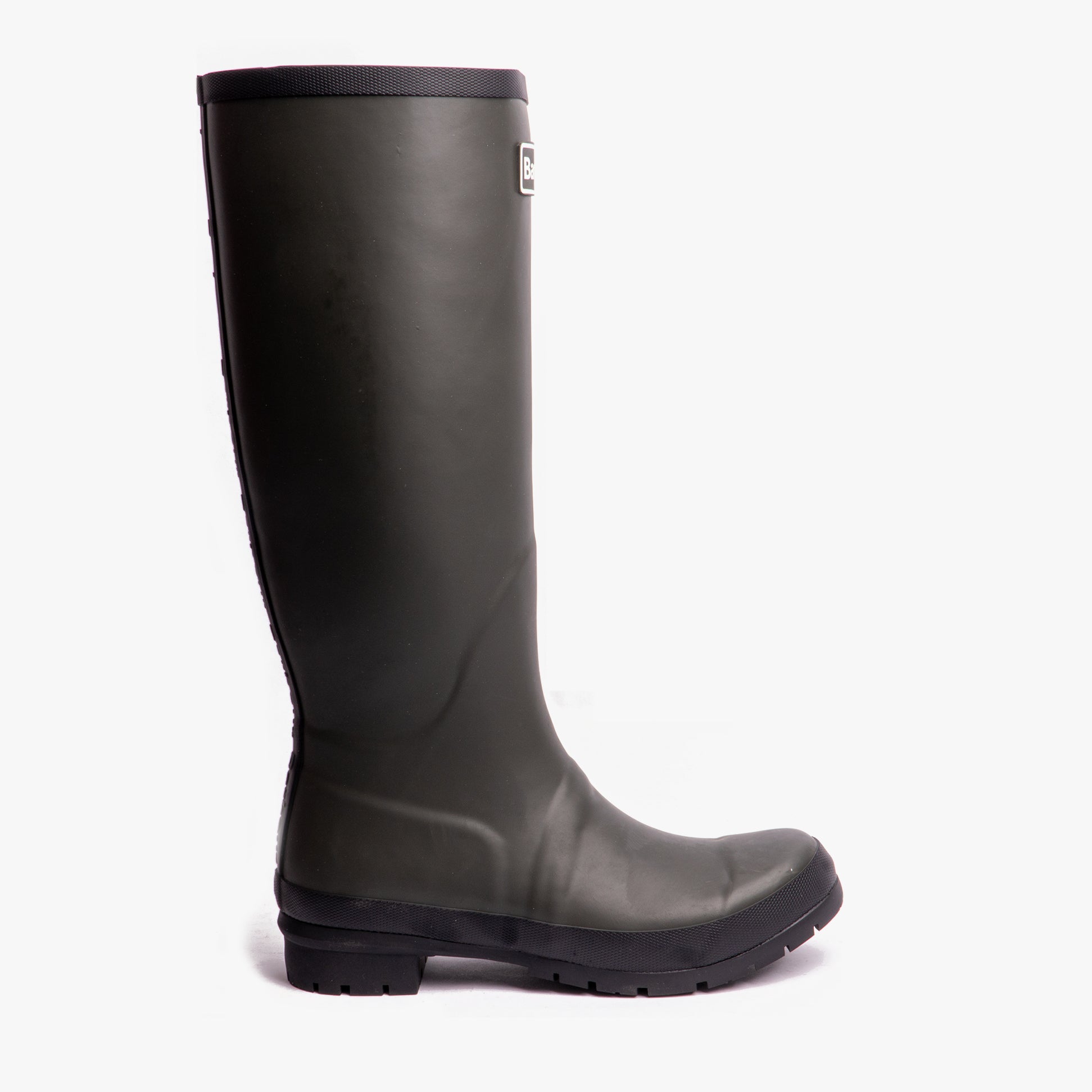 Side view of Barbour ABBEY Womens Wellington Boots Olive, knee-high rubber boots with flat sole and round toe.