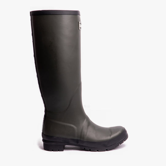 Side view of Barbour ABBEY Womens Wellington Boots Olive, knee-high rubber boots with flat sole and round toe.
