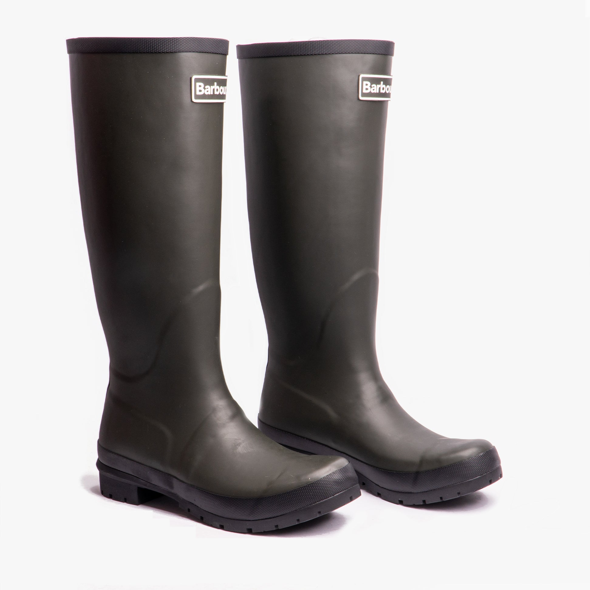 Barbour ABBEY Womens Wellington Boots Olive side view showing knee-high design and rubber construction.