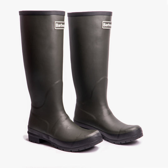 Barbour ABBEY Womens Wellington Boots Olive side view showing knee-high design and rubber construction.