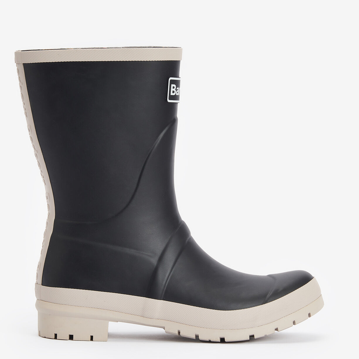 Barbour BANBURY Womens Mid Wellies Black/White Pepper side view featuring synthetic and rubber materials.