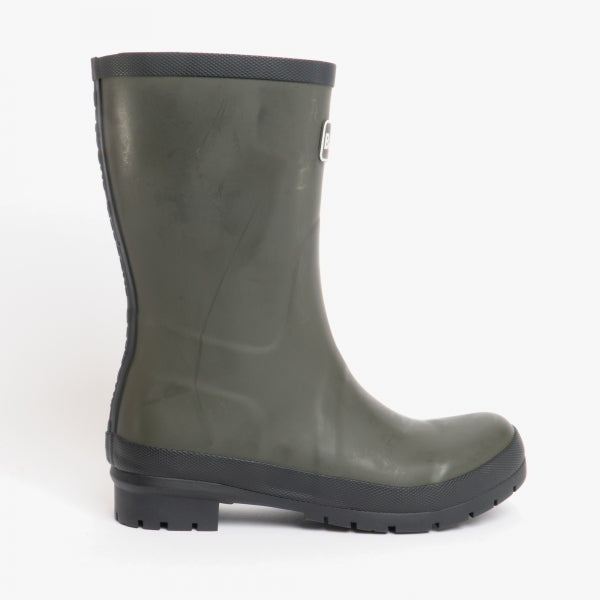 Barbour BANBURY Womens Wellington Boots Olive side view showing rubber upper and low heel design.
