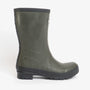 Barbour BANBURY Womens Wellington Boots Olive side view showing rubber upper and low heel design.