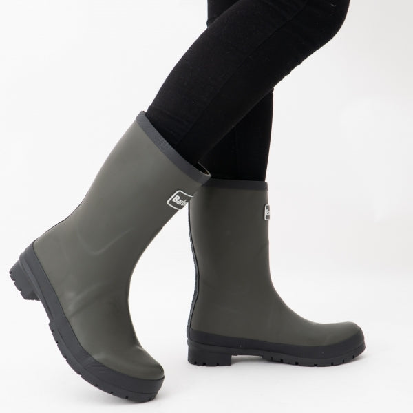 Barbour BANBURY Womens Wellington Boots Olive side view with stylish design and comfortable fit, showcasing mid-calf height.