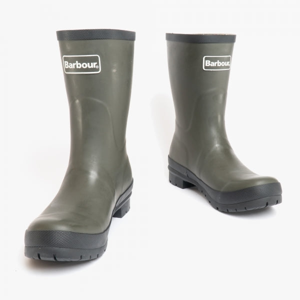 Barbour BANBURY Womens Wellington Boots Olive side view showing rubber upper and pull-on design for comfort.