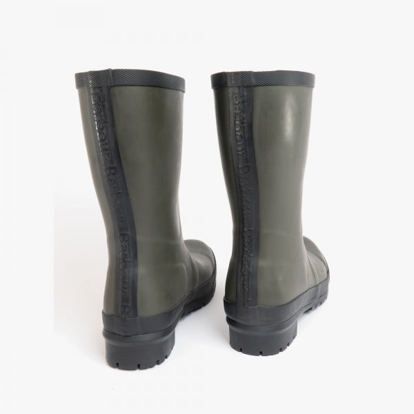 Barbour BANBURY Womens Wellington Boots Olive back view showcasing rubber upper and pull-on design.