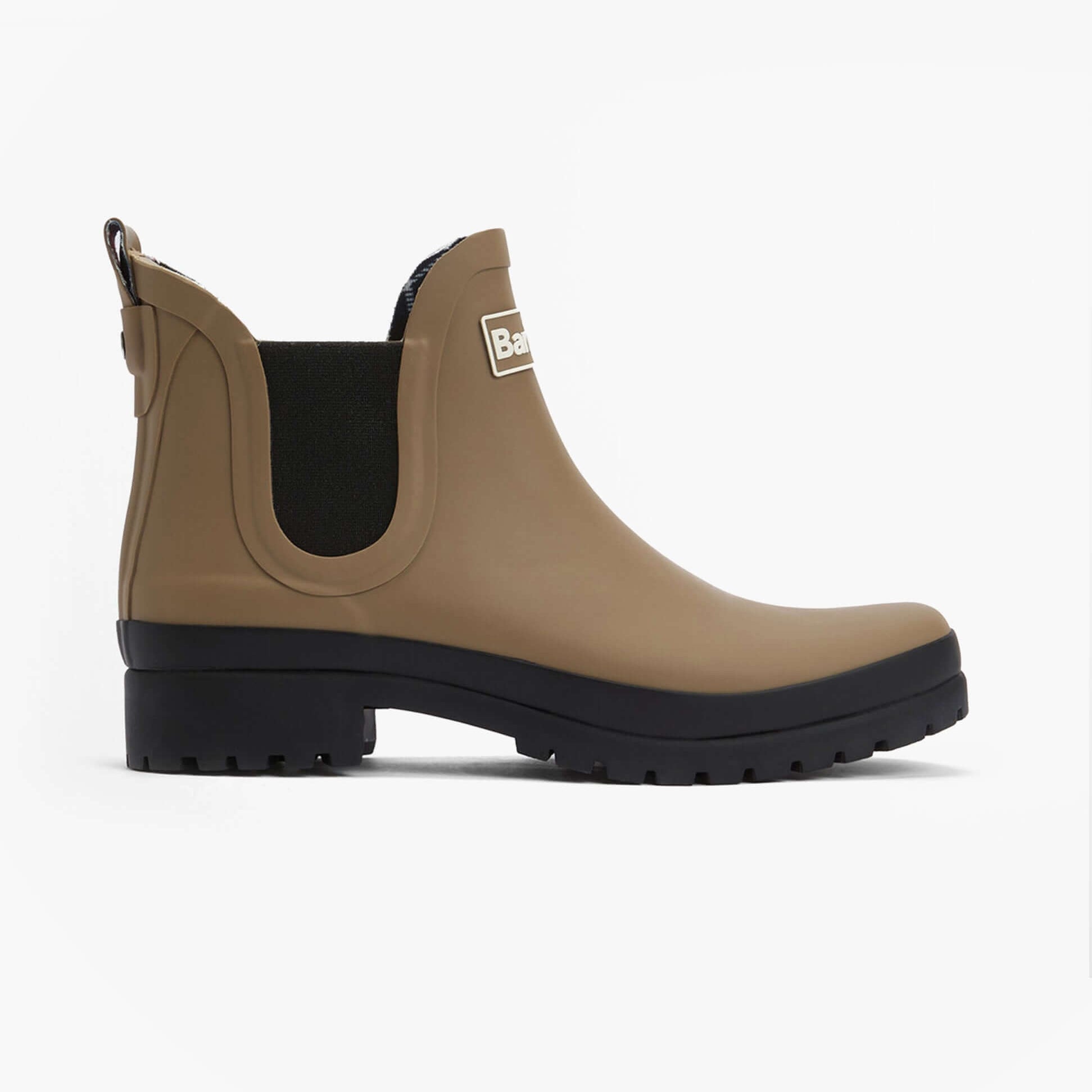 Barbour MALLOW Womens Chelsea Wellies Military Brown/Black side view, waterproof ankle boots with rubber sole.