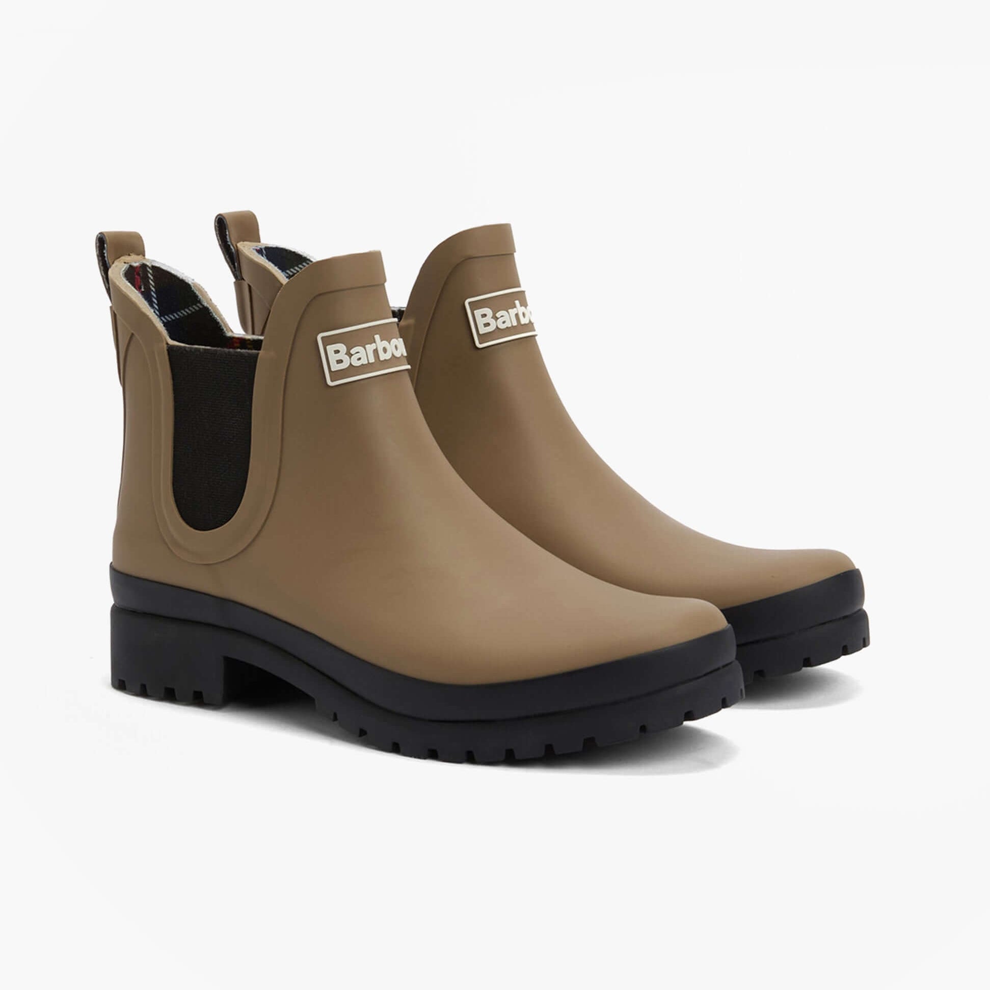 Barbour MALLOW Womens Chelsea Wellies Military Brown/Black side view showing stylish synthetic/rubber ankle boots.