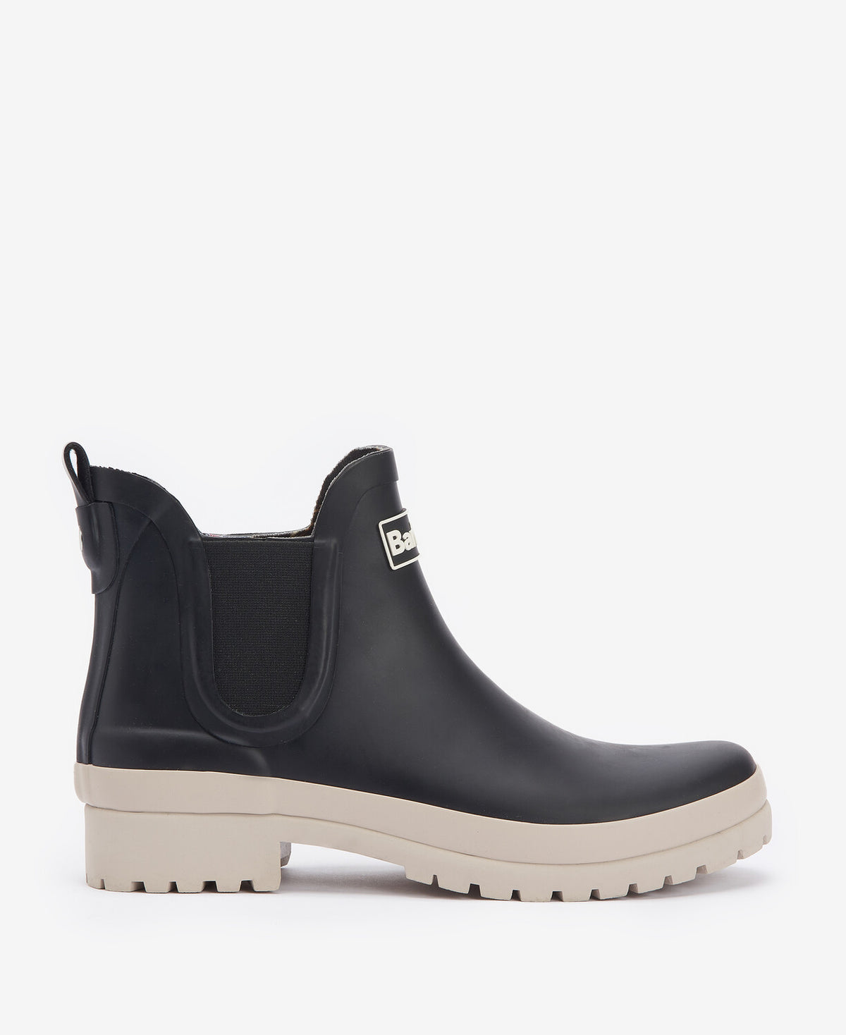 Barbour MALLOW Womens Chelsea Wellies Black/White Pepper side view with block heel and elasticated side panel.