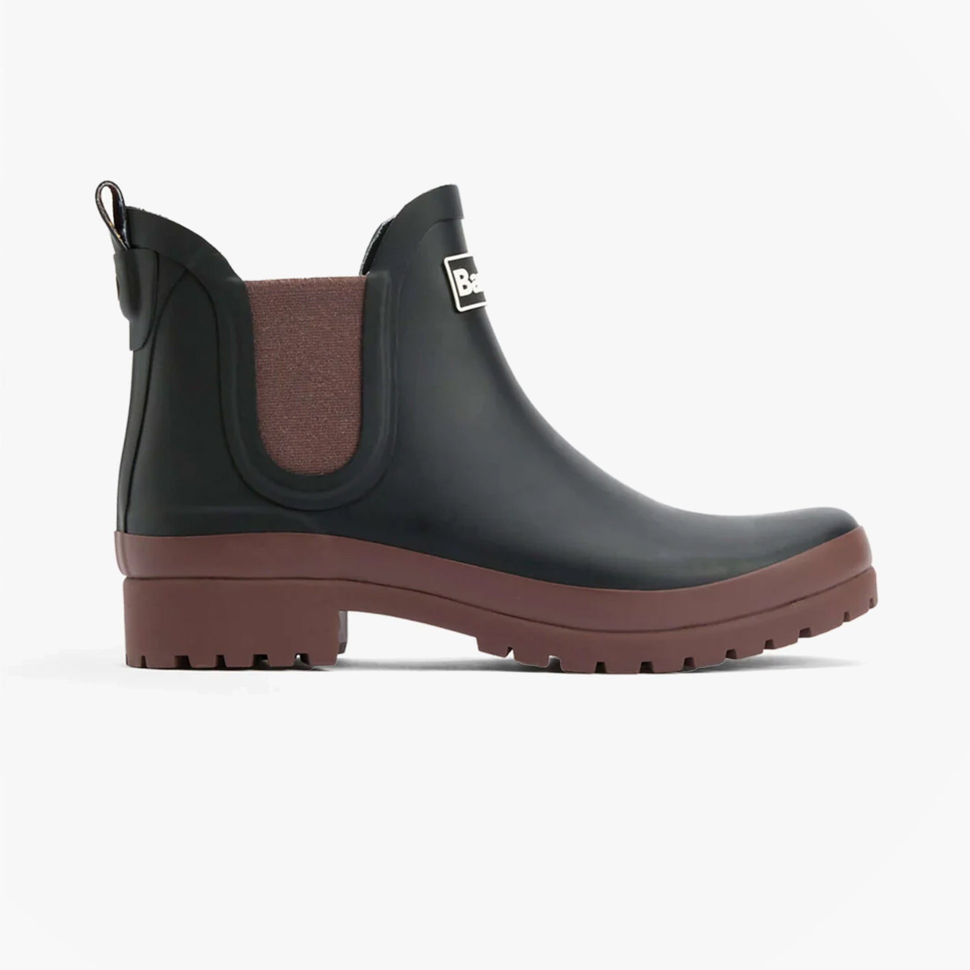 Barbour MALLOW Womens Chelsea Wellies Black/Vicuna side view showing synthetic upper and rubber sole.