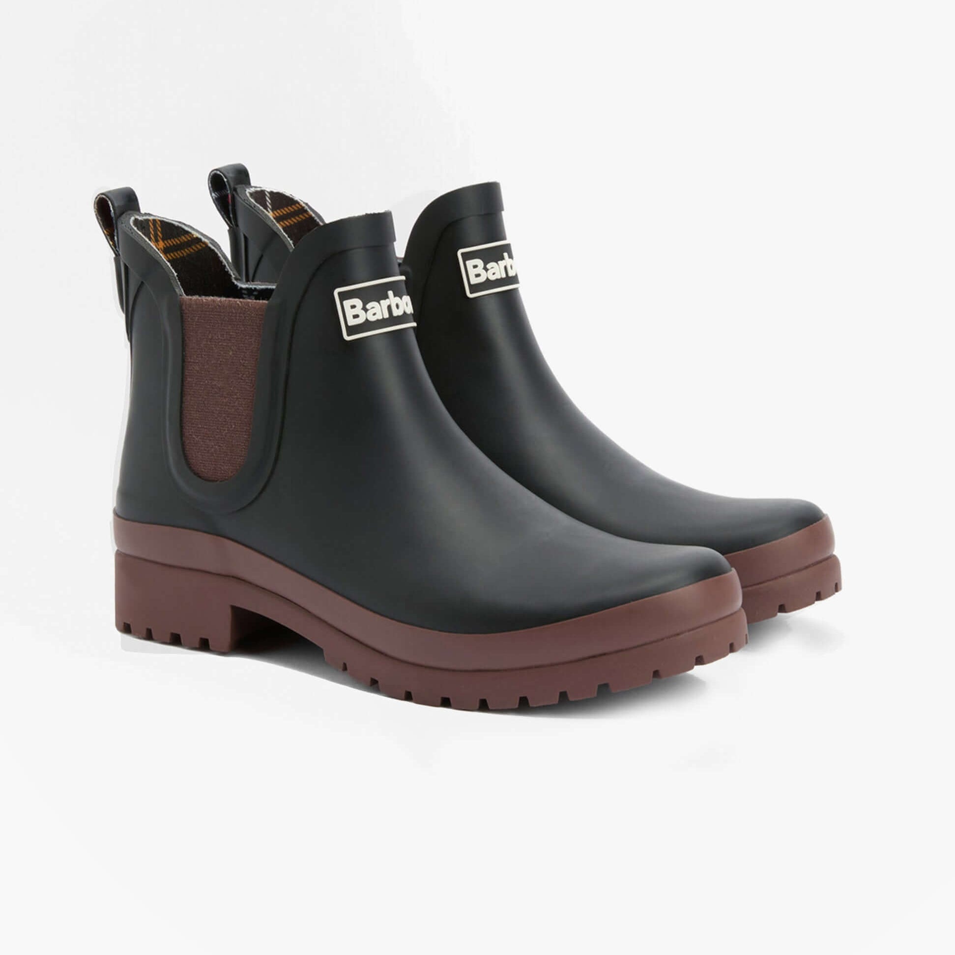 Barbour MALLOW Womens Chelsea Wellies Black/Vicuna side view showcasing the stylish waterproof design and round toe.
