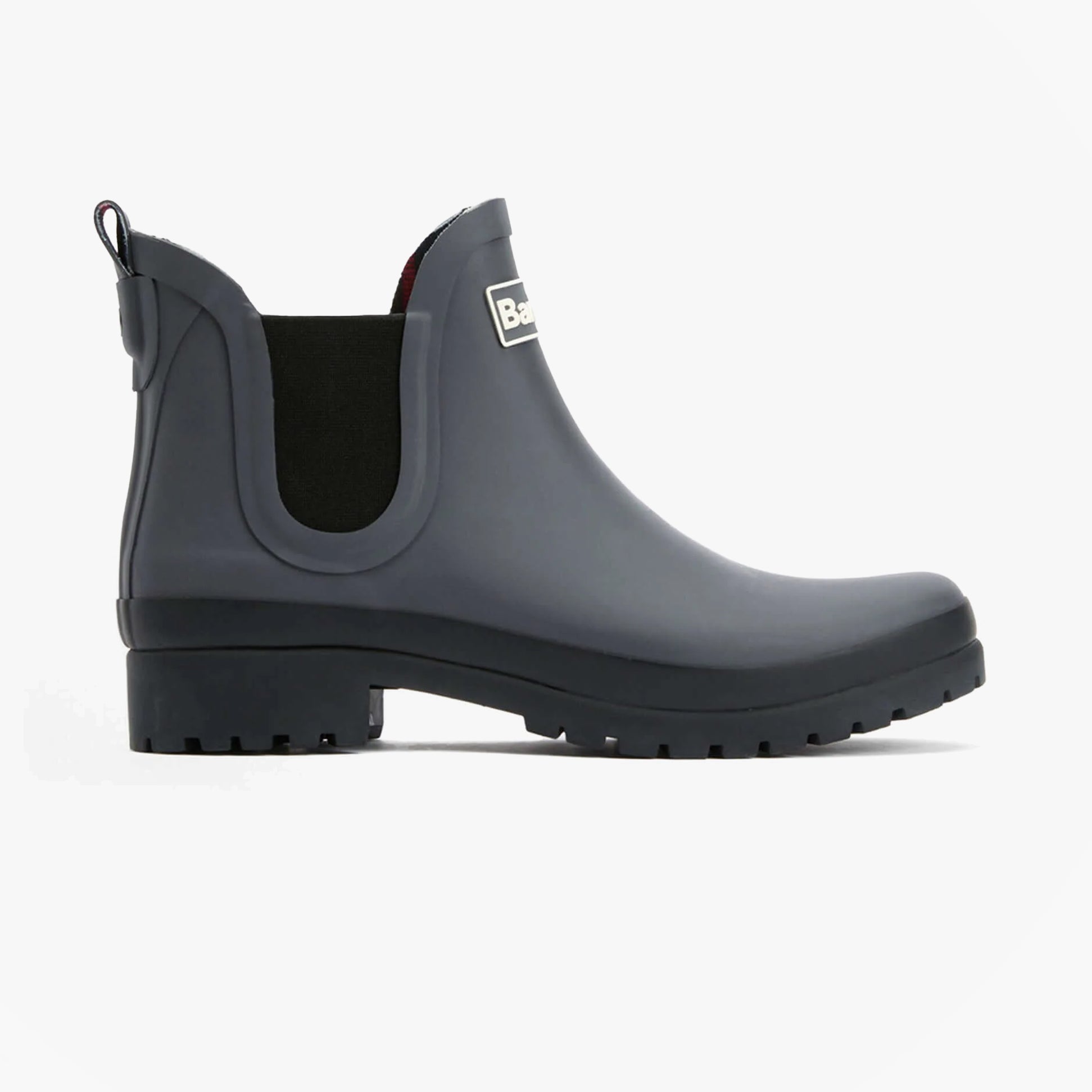 Barbour MALLOW Womens Chelsea Wellies Charcoal/Black side view showcasing ankle height and pull-on design.