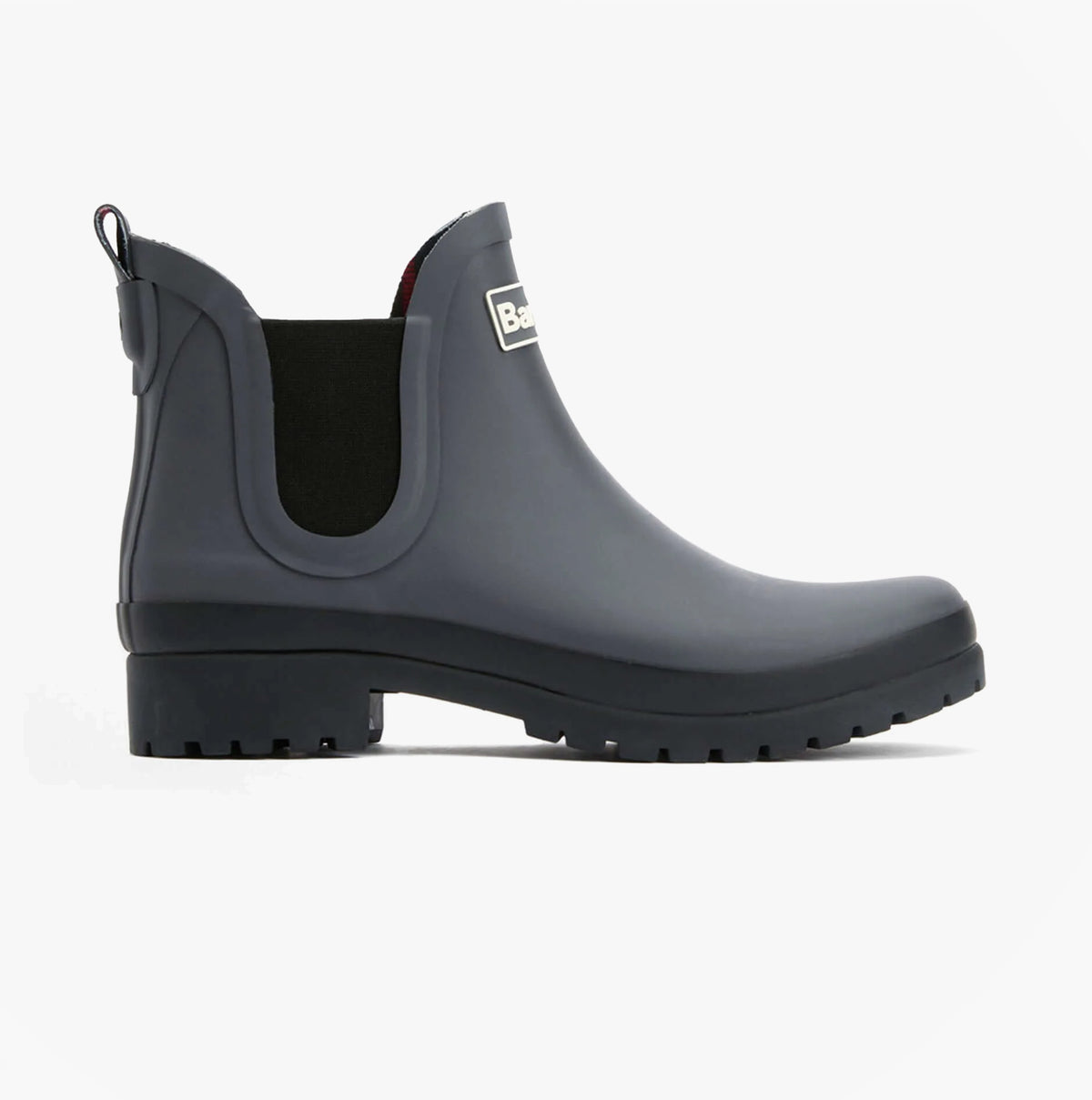 Barbour MALLOW Womens Chelsea Wellies Charcoal/Black side view showcasing ankle height and pull-on design.