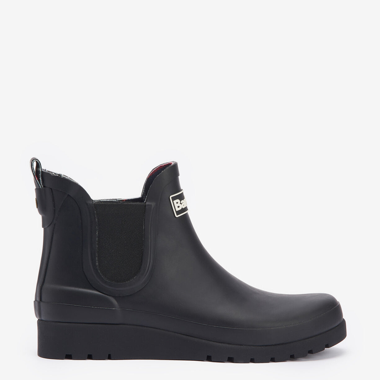 Barbour CLIFTON Womens Chelsea Wellies Black side view showcasing the rubber upper and elasticated side panels.