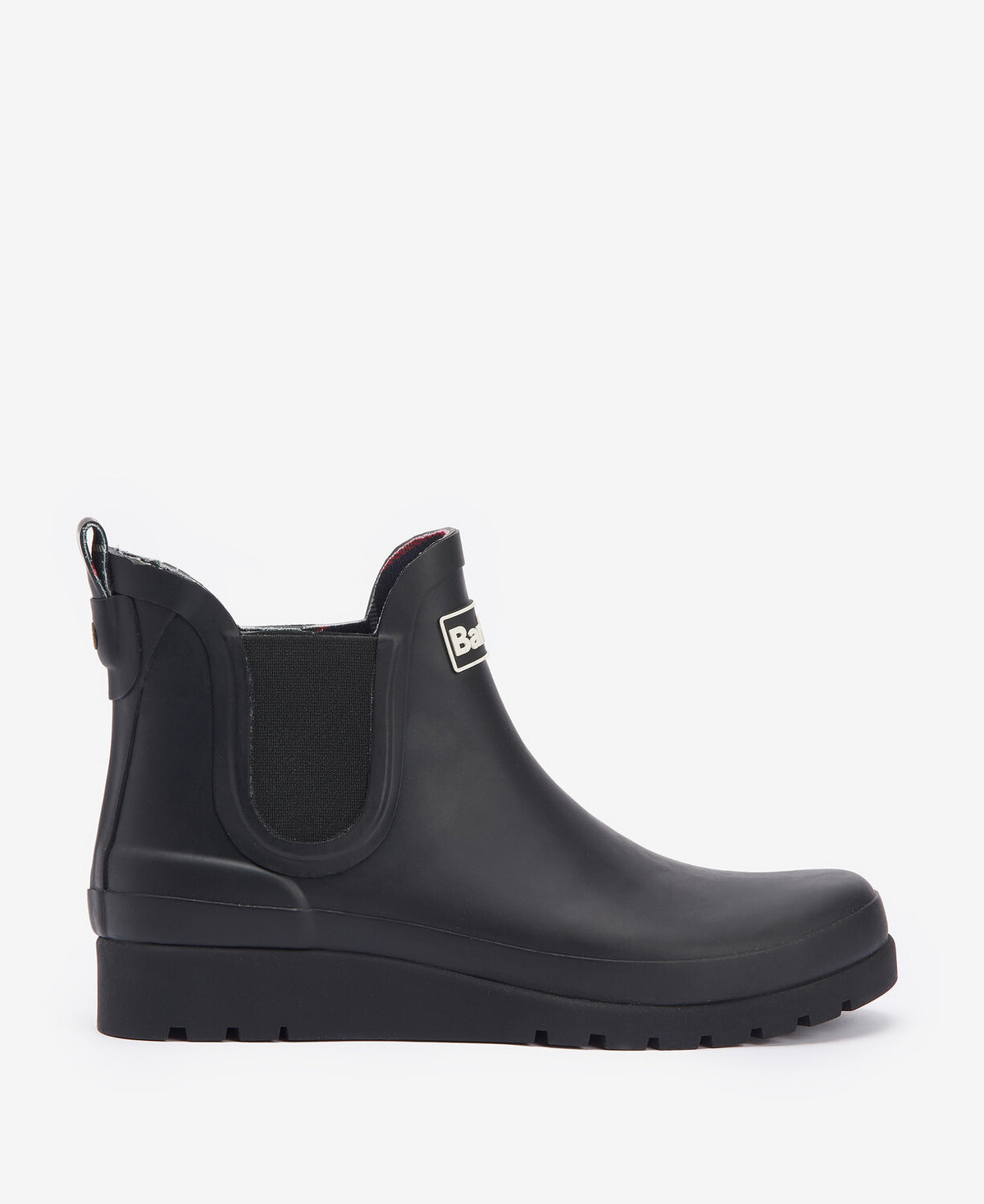 Barbour CLIFTON Womens Chelsea Wellies Black side view showcasing the rubber upper and elasticated side panels.