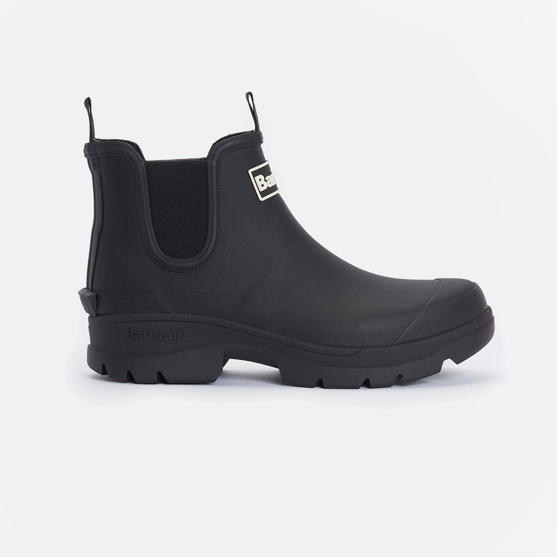 Barbour NIMBUS Womens Chelsea Wellies Black side view showcasing durable synthetic upper and elasticated side panels.