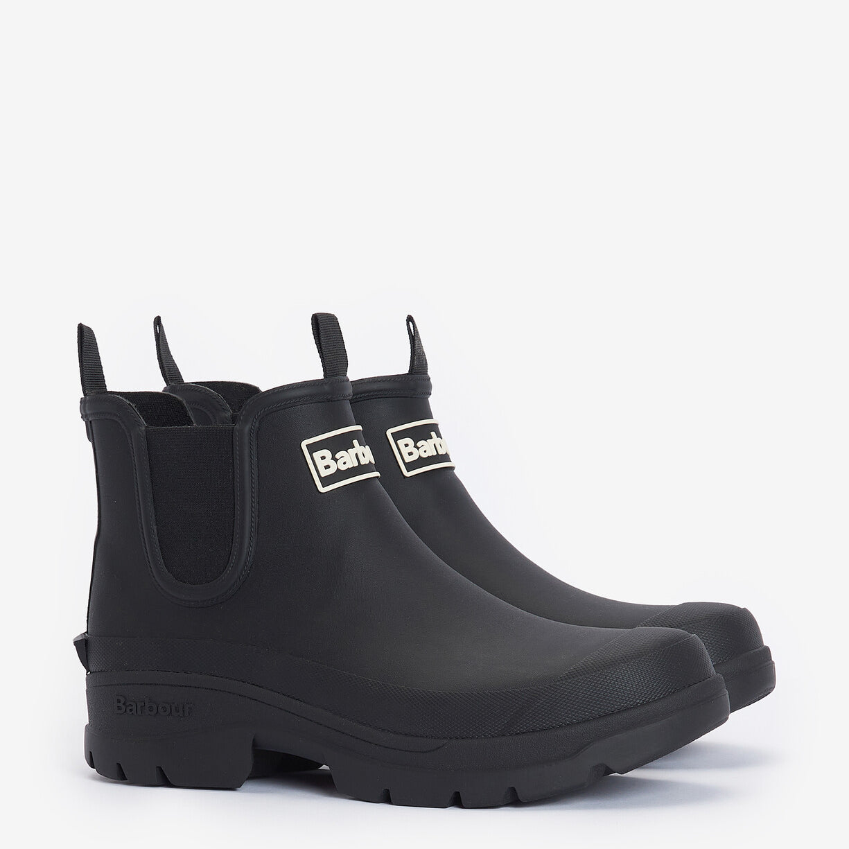 Barbour NIMBUS Womens Chelsea Wellies Black side view, waterproof block heel ankle boots.