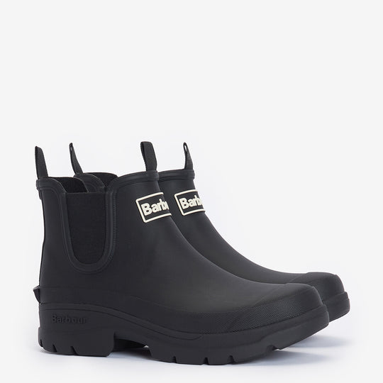 Barbour NIMBUS Womens Chelsea Wellies Black side view, waterproof block heel ankle boots.