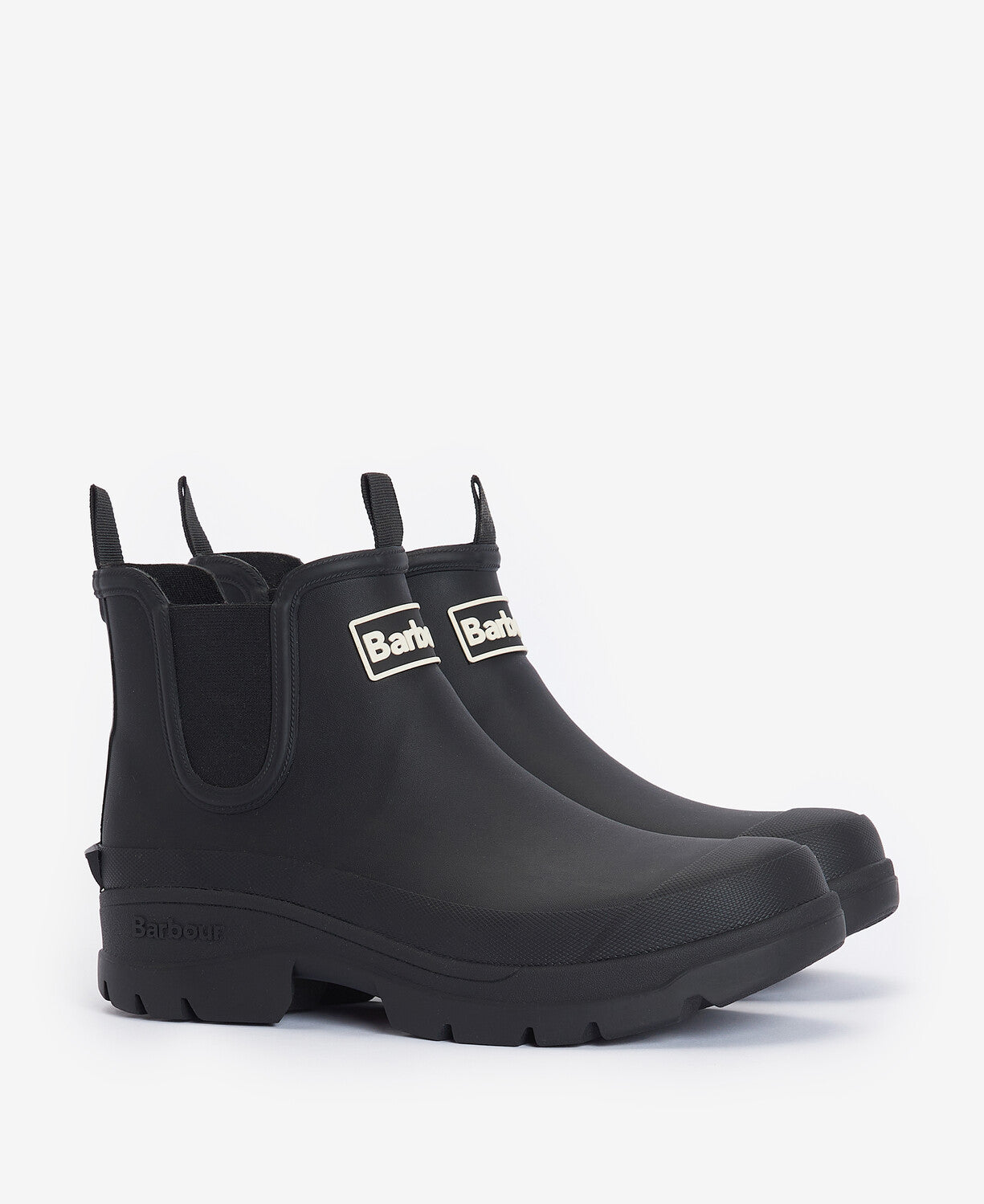 Barbour NIMBUS Womens Chelsea Wellies Black side view, waterproof block heel ankle boots.