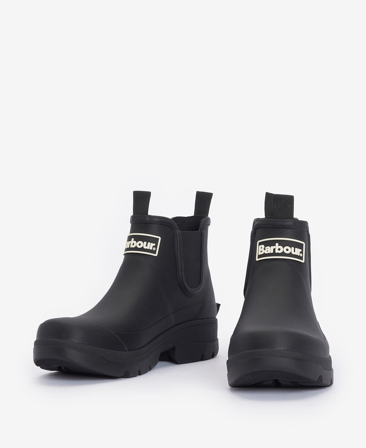 Barbour NIMBUS Womens Chelsea Wellies Black side view showcasing the pull-on design and elasticated side panel.