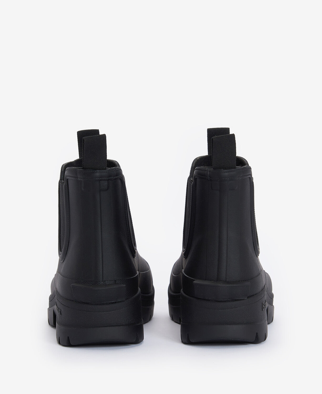 Barbour NIMBUS Womens Chelsea Wellies Black back view showing block heel and elasticated side panels.
