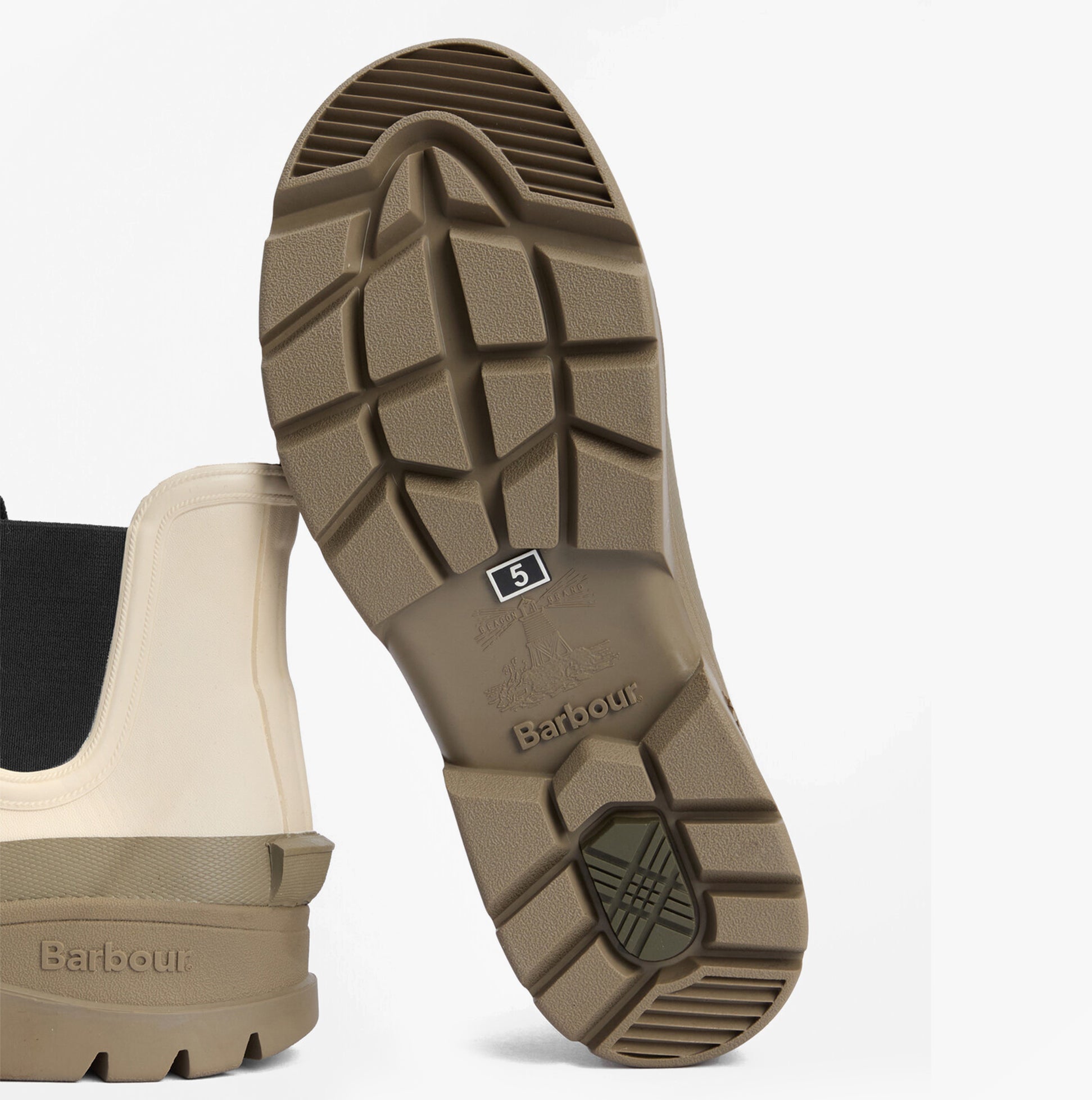 Barbour NIMBUS Womens Chelsea Wellies Salt/Dusky Green sole view showcasing tread design and comfort features.