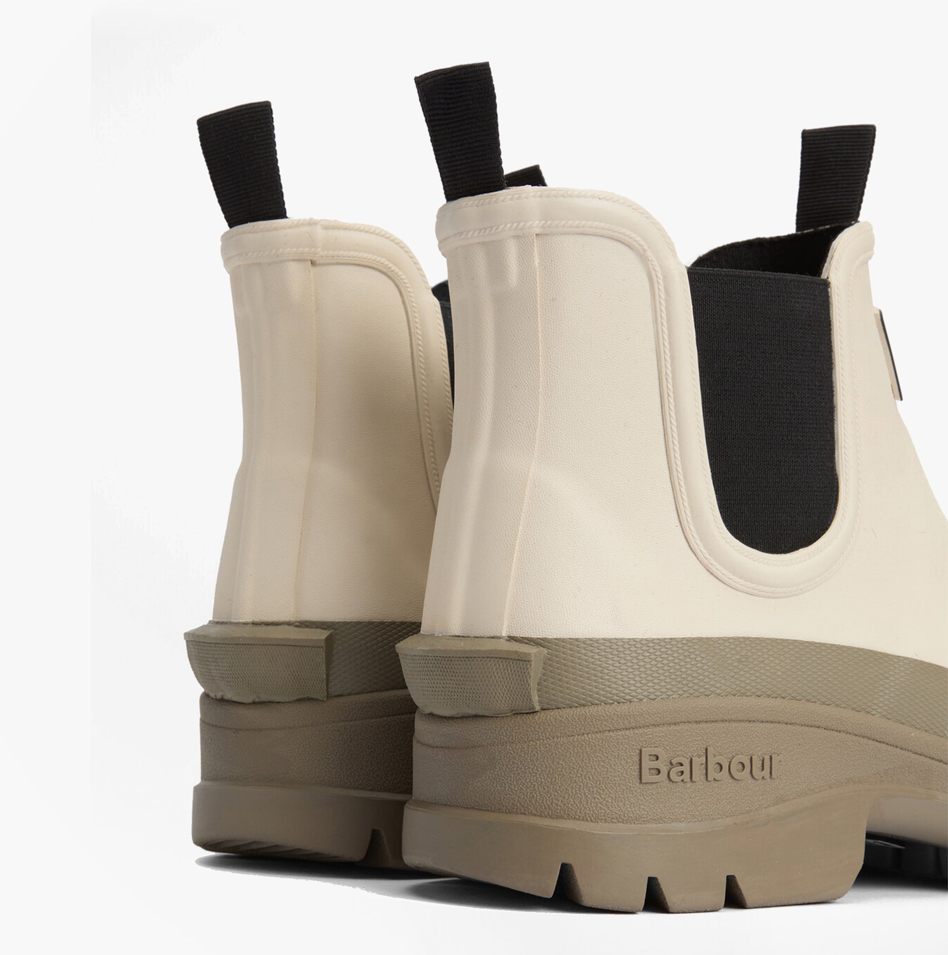 Barbour NIMBUS Womens Chelsea Wellies Salt/Dusky Green back view showcasing elasticated side panels and rubber sole.