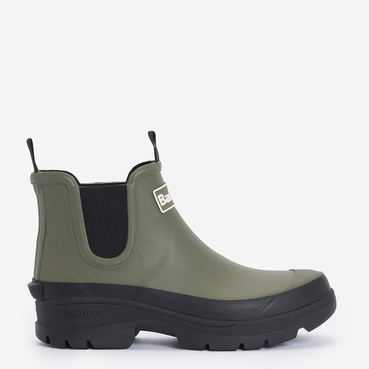 Barbour NIMBUS Womens Chelsea Wellies Olive/Black side view featuring a block heel and elasticated side panel.