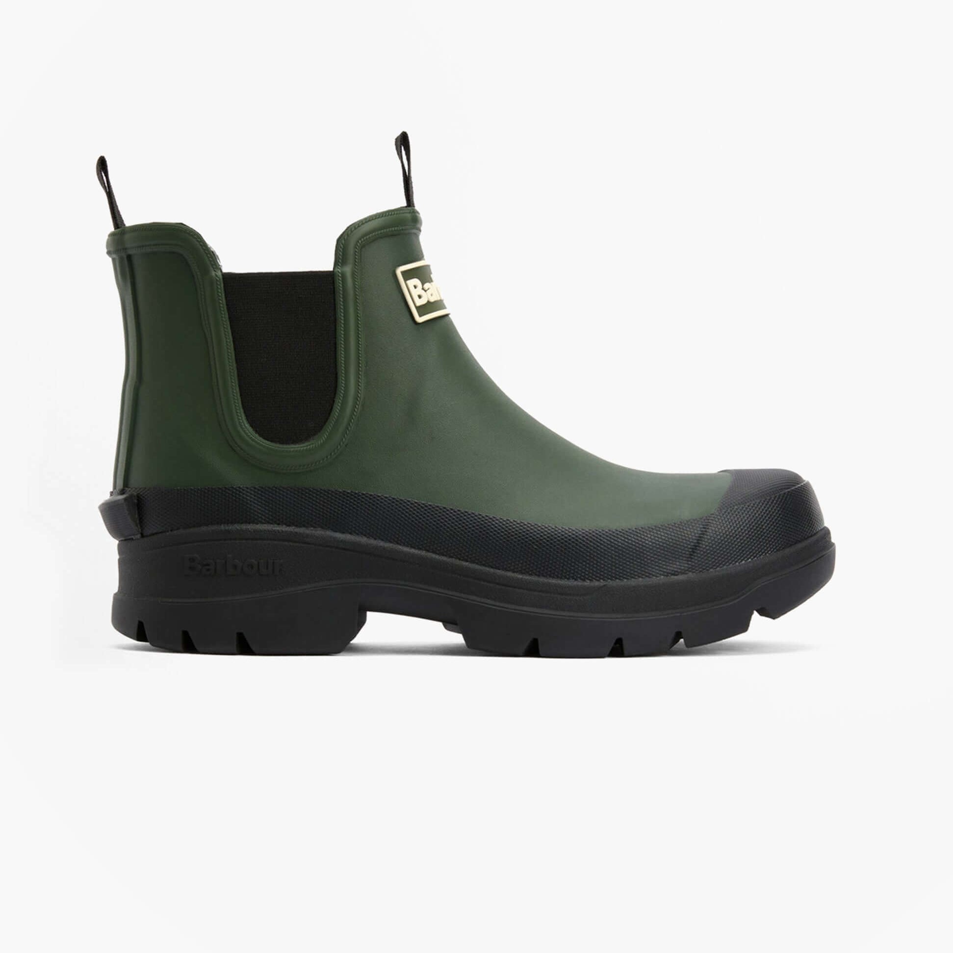 Barbour NIMBUS Womens Chelsea Wellies Olive/Black side view showing waterproof synthetic upper and rubber sole.