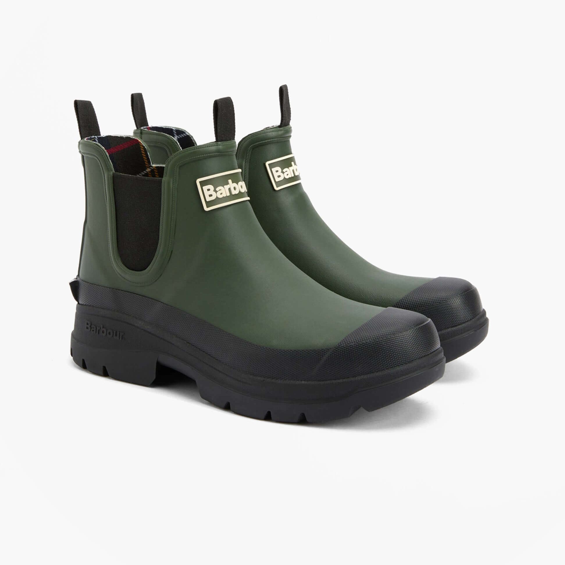 Barbour NIMBUS Womens Chelsea Wellies Olive/Black side view showing synthetic/rubber upper and round toe.