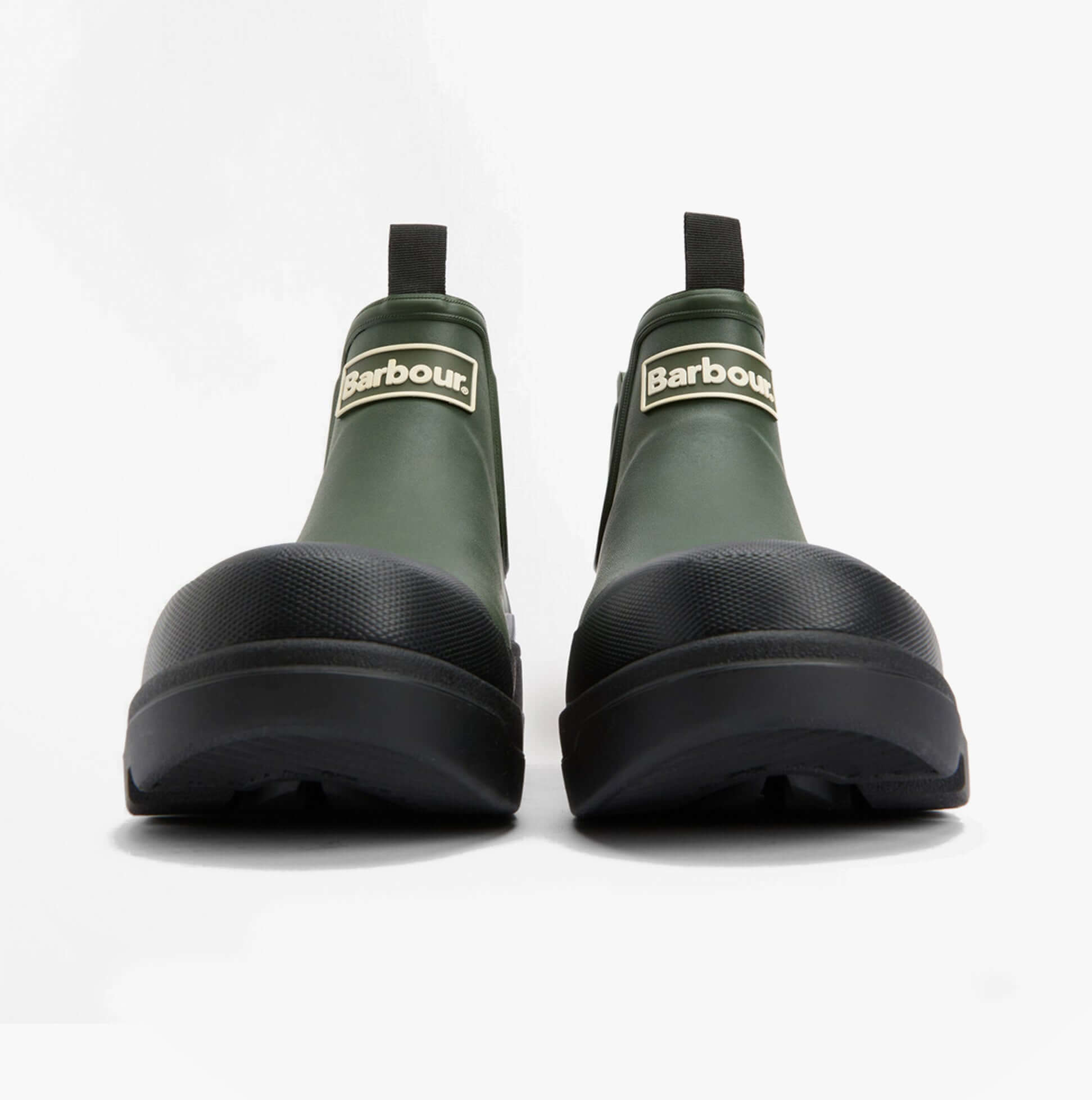 Barbour NIMBUS Womens Chelsea Wellies Olive/Black front view showing stylish design and pull-on fastening.