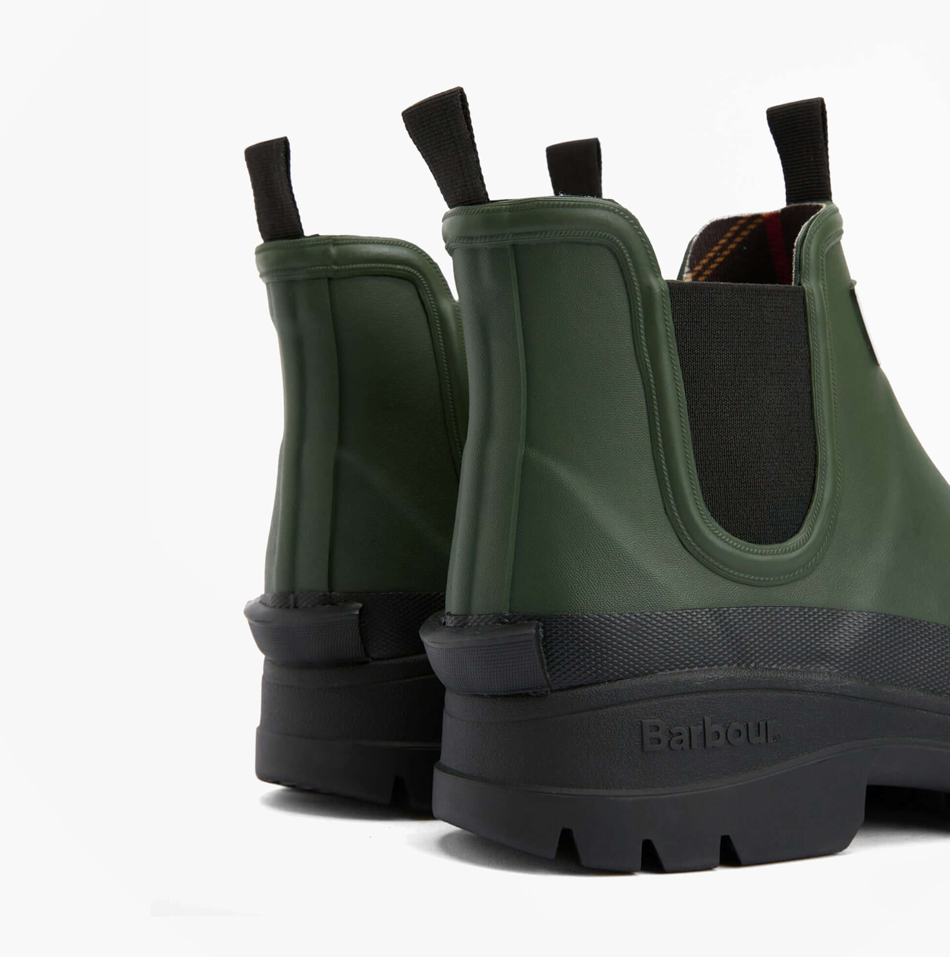 Barbour NIMBUS Womens Chelsea Wellies Olive/Black rear view showcasing comfort and waterproof features.
