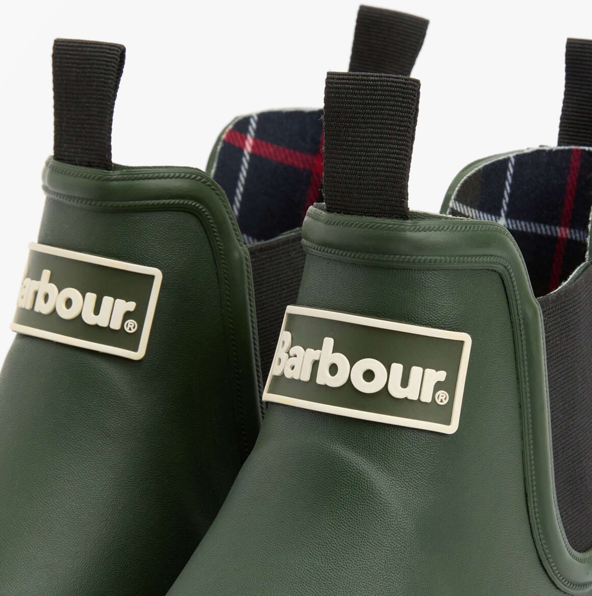 Barbour NIMBUS Womens Chelsea Wellies Olive/Black close-up view showing logo and lining details.