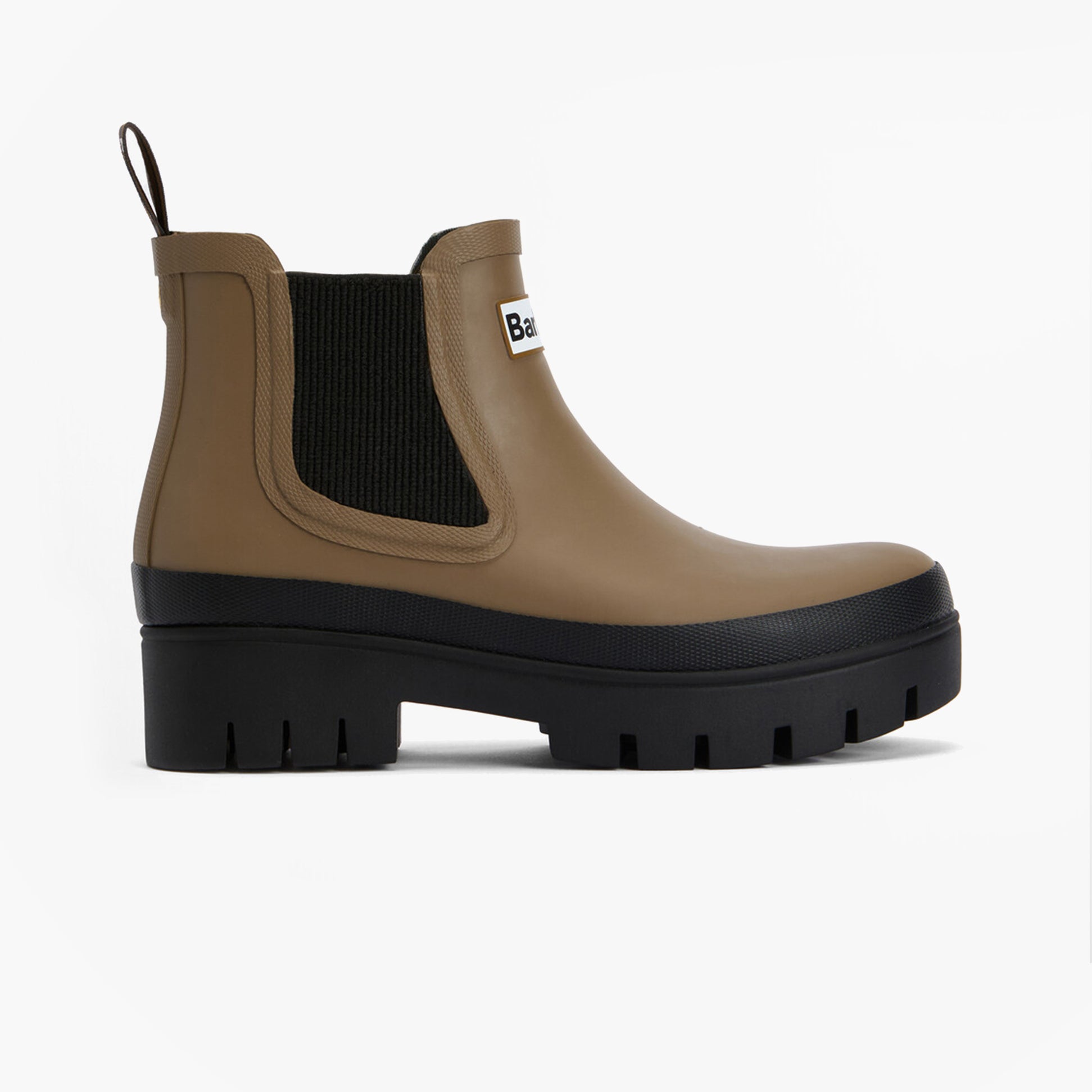 Barbour HALTON Womens Chelsea Wellies Military Brown/Black side view featuring rubber upper and chunky sole.