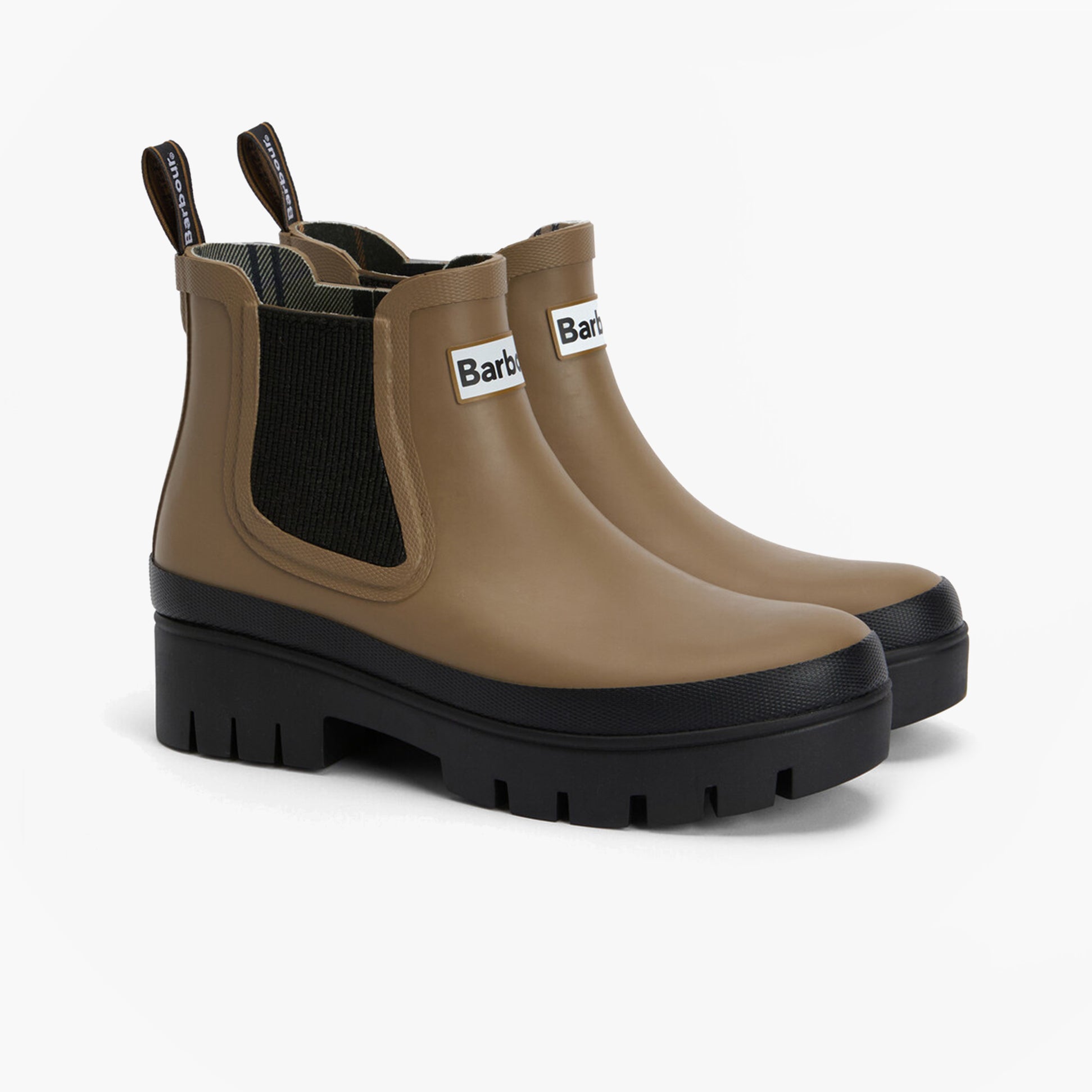 Barbour HALTON Womens Chelsea Wellies Military Brown/Black side view with rubber upper and pull-on design