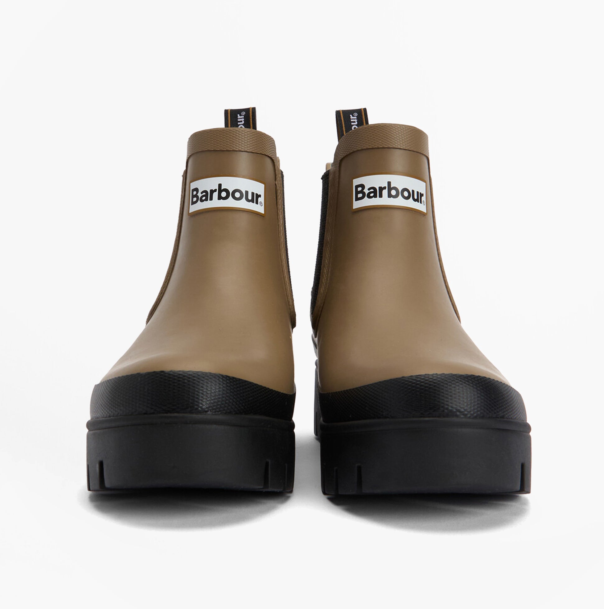 Barbour HALTON Womens Chelsea Wellies Military Brown/Black front view showcasing rubber ankle boots with round toe.