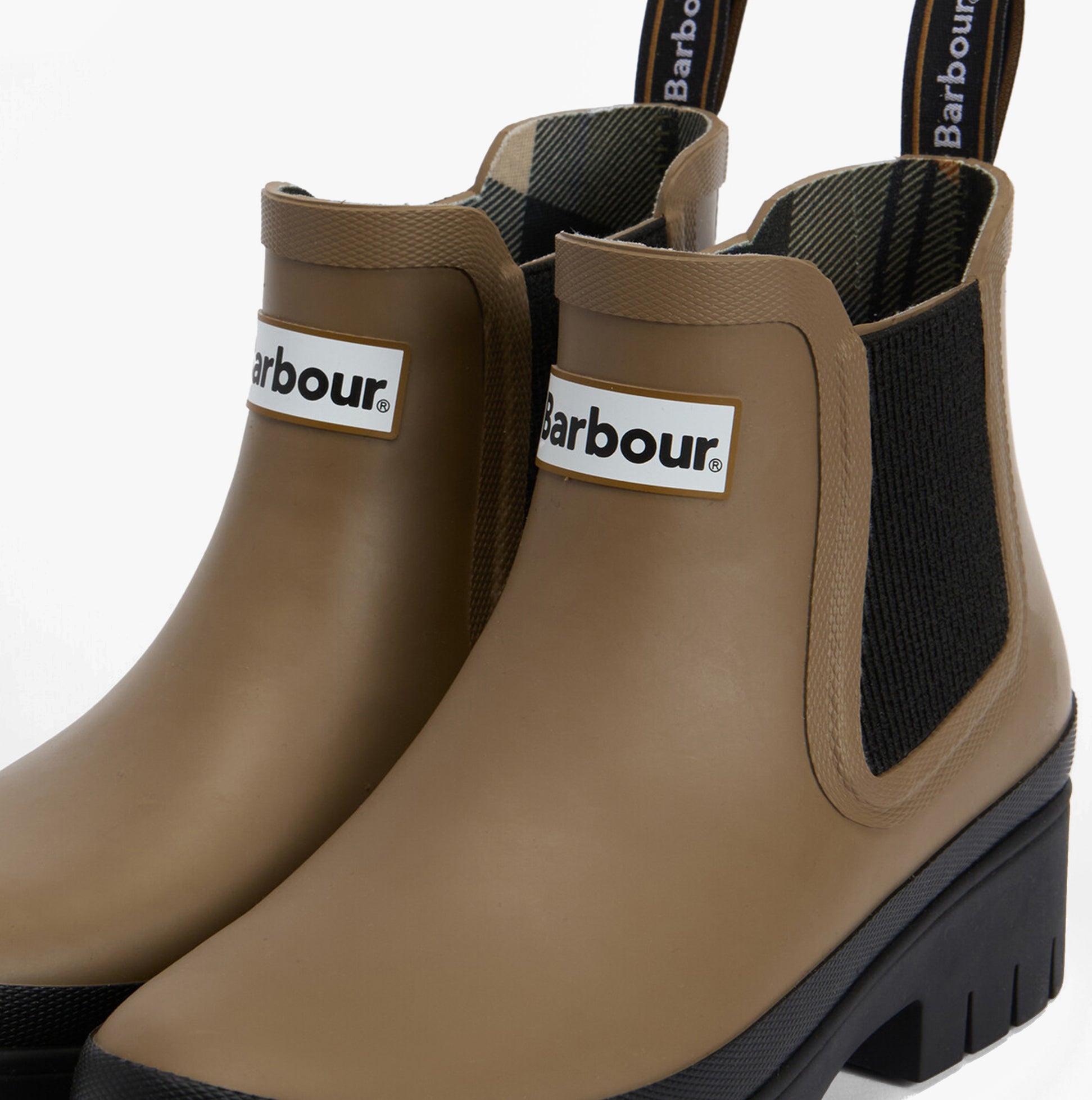 Barbour HALTON Womens Chelsea Wellies Military Brown/Black side view with elastic side panels and pull tabs.