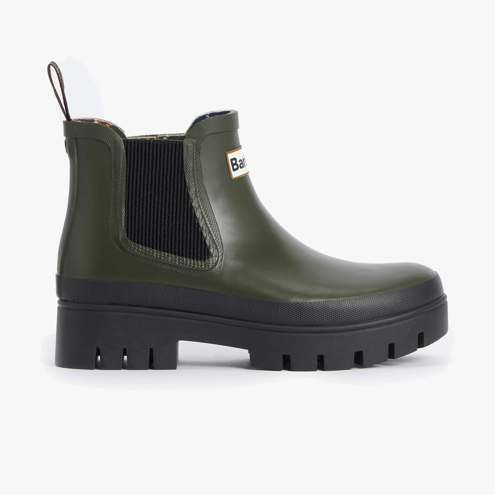 Barbour HALTON Womens Chelsea Wellies Olive/Black side view showing elasticated side panels and block heel design.