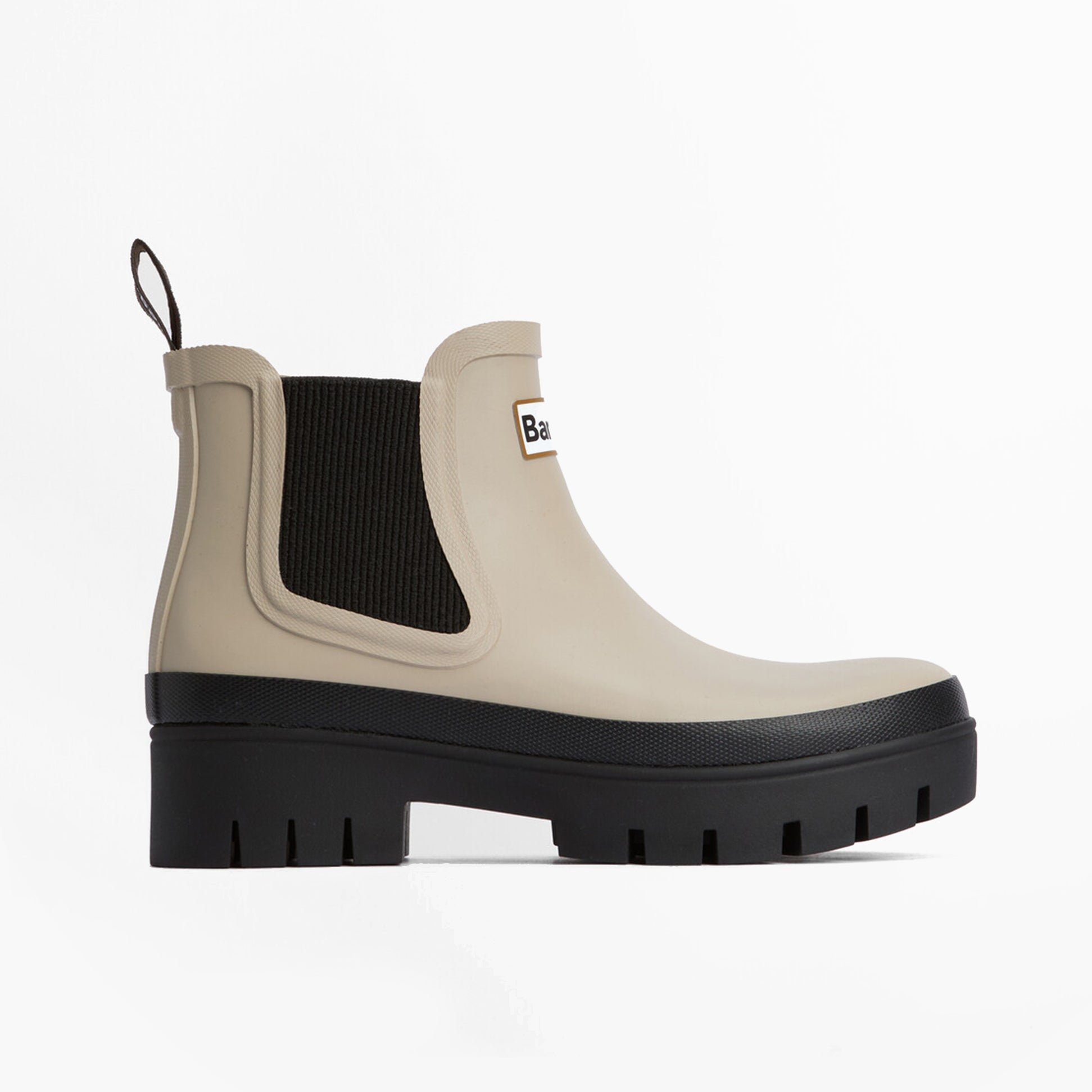 Barbour HALTON Womens Chelsea Wellies Light Sand/Black side view with block heel and elasticated side panel