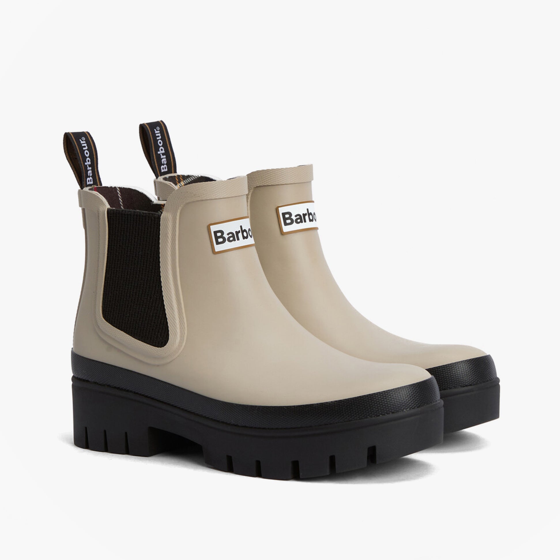 Barbour HALTON Womens Chelsea Wellies Light Sand/Black side view, rubber upper, elasticated side, block heel