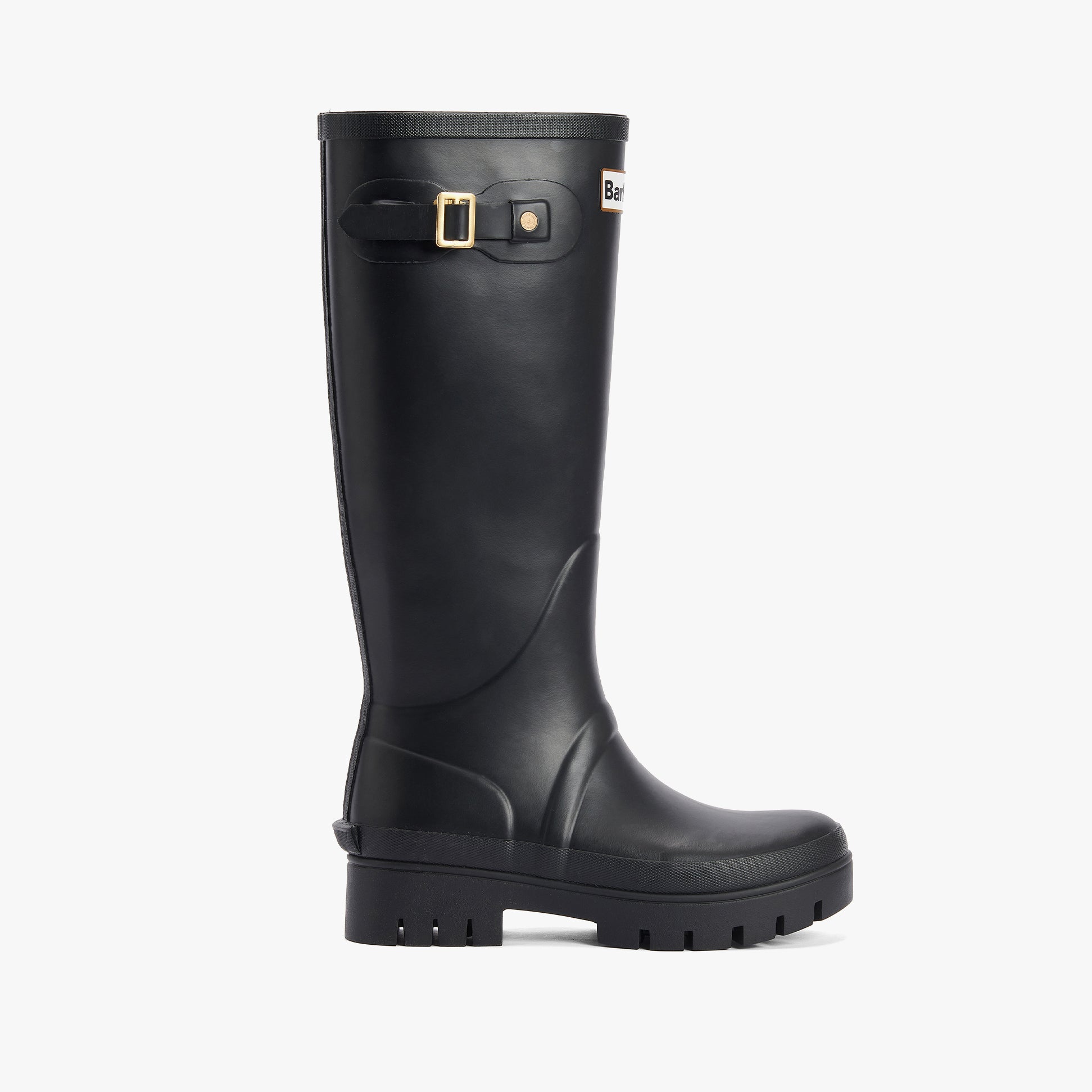 Barbour SNOWDON Womens Tall Wellies Black side view showcasing knee-high boot design and rubber sole.