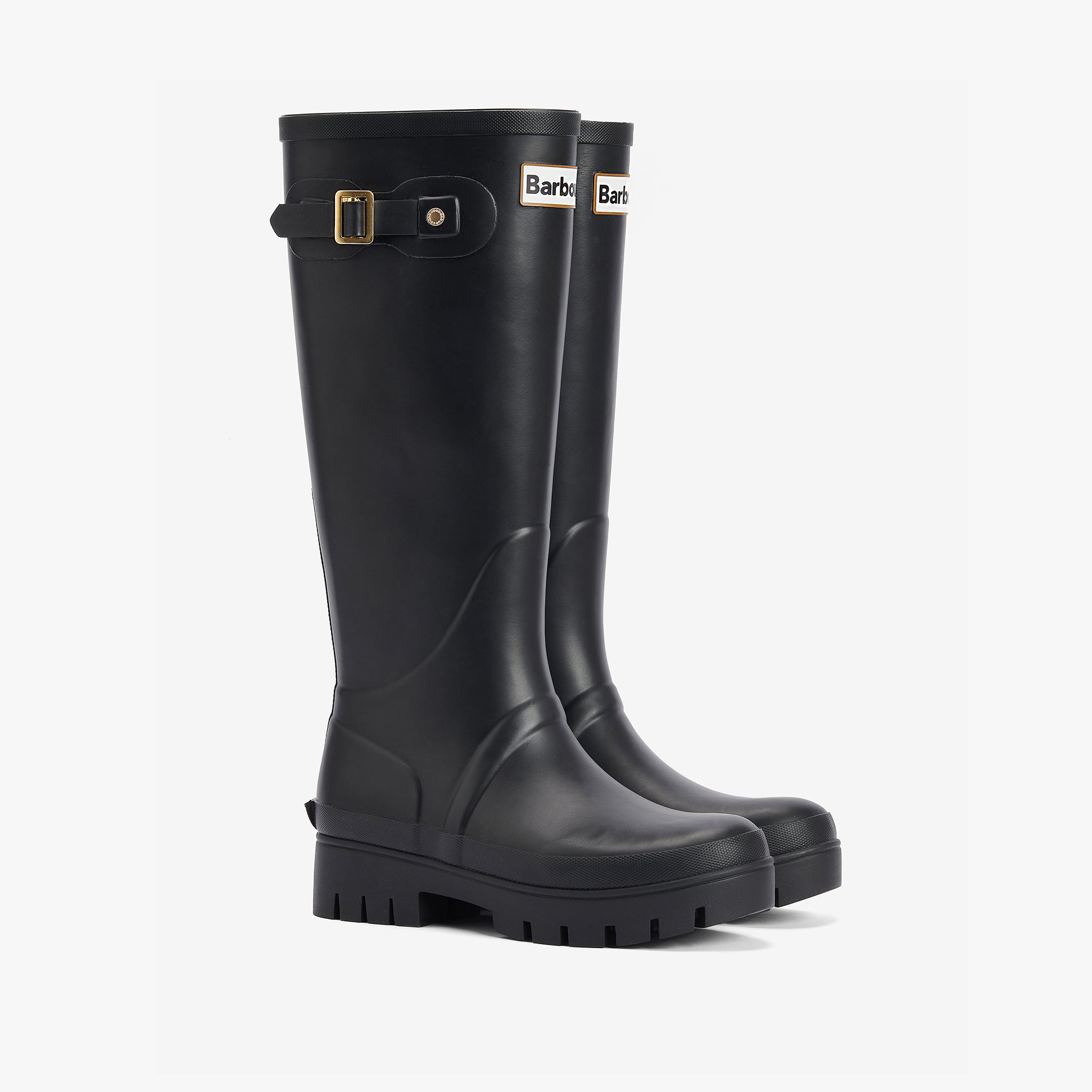 Barbour SNOWDON Womens Tall Wellies Black side view showcasing synthetic/rubber construction and block heel.